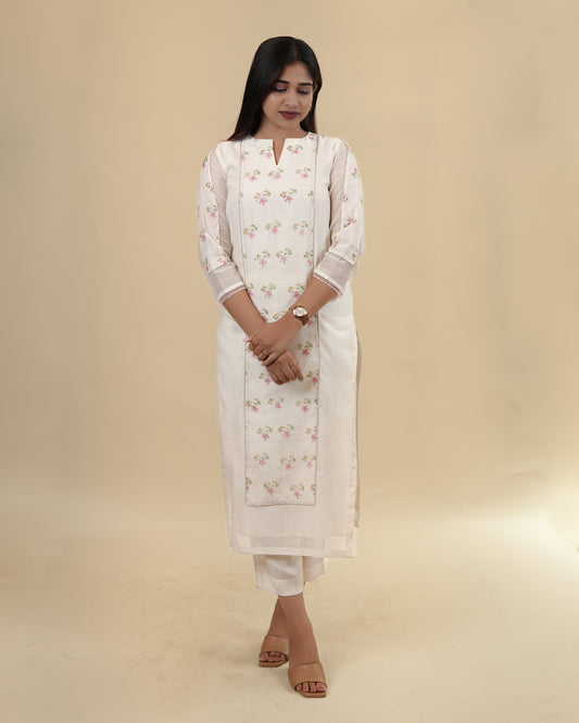 Graceful Off-White Floral Kurta with Sheer Sleeves with pants