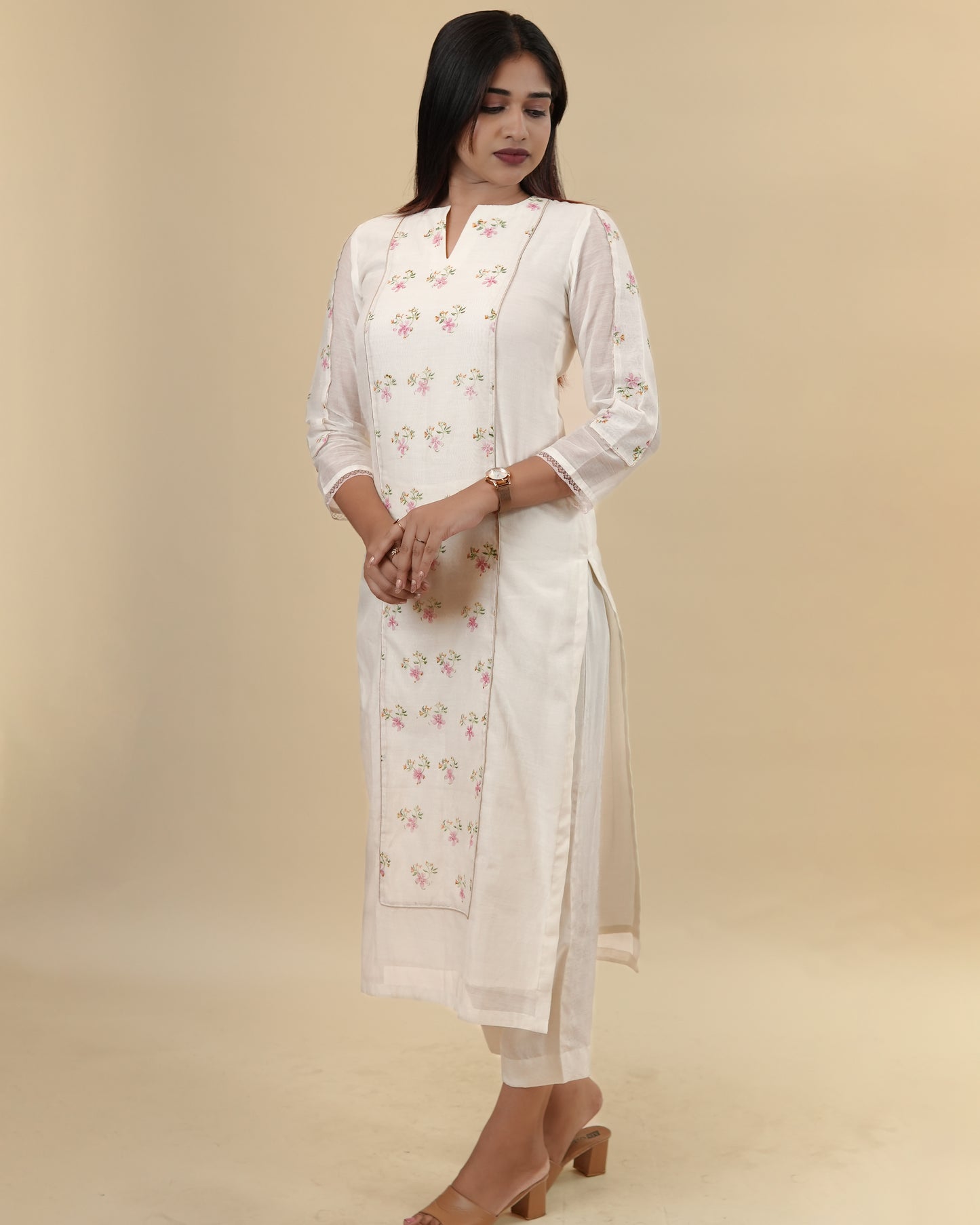 Graceful Off-White Floral Kurta with Sheer Sleeves with pants