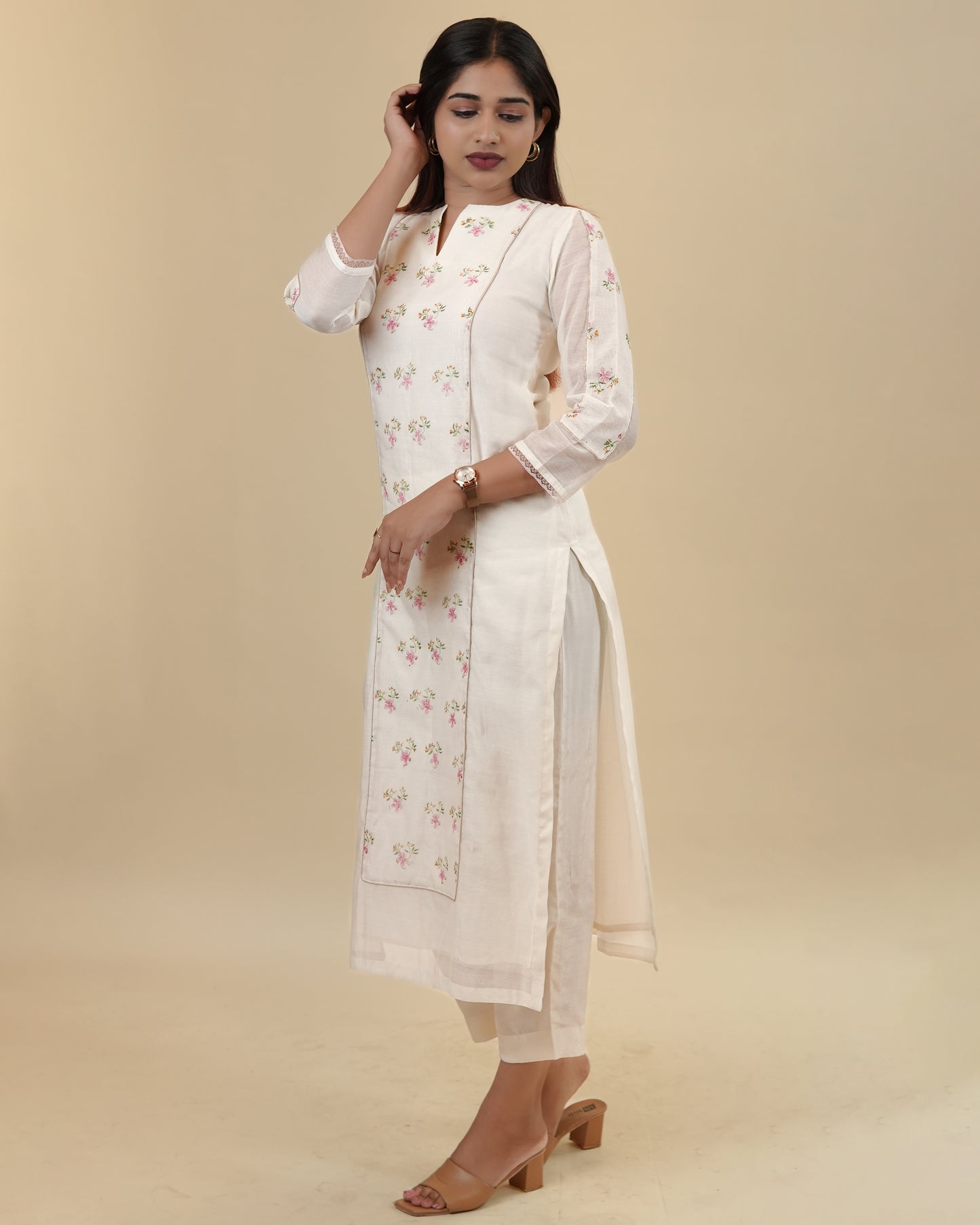 Graceful Off-White Floral Kurta with Sheer Sleeves with pants