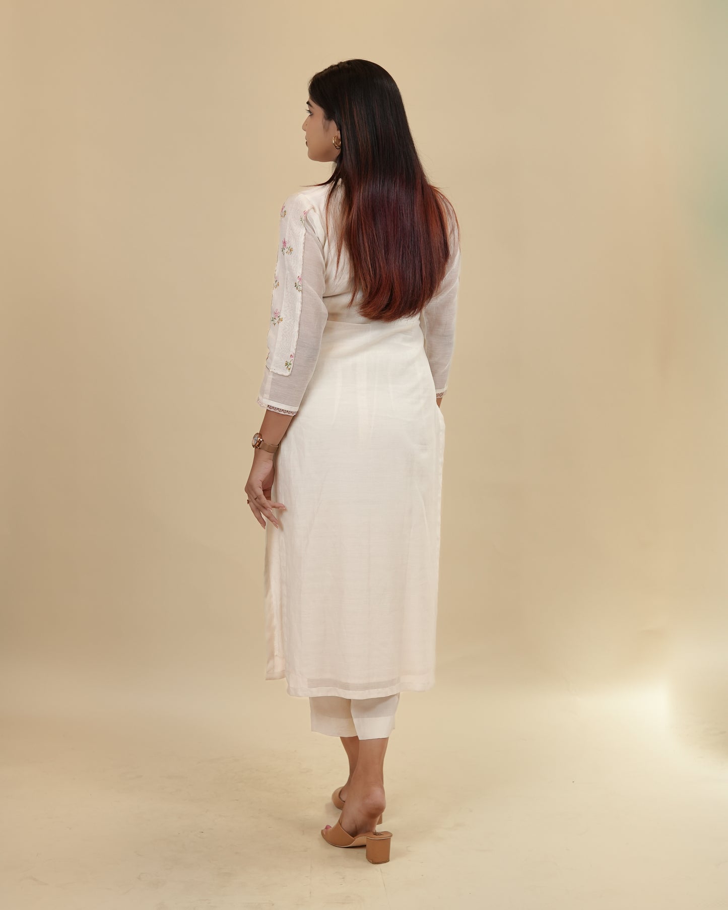 Graceful Off-White Floral Kurta with Sheer Sleeves with pants