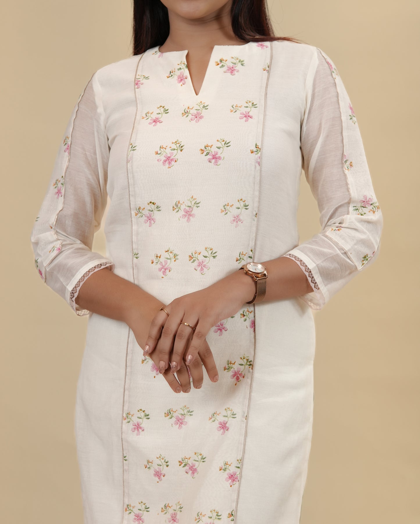 Graceful Off-White Floral Kurta with Sheer Sleeves with pants