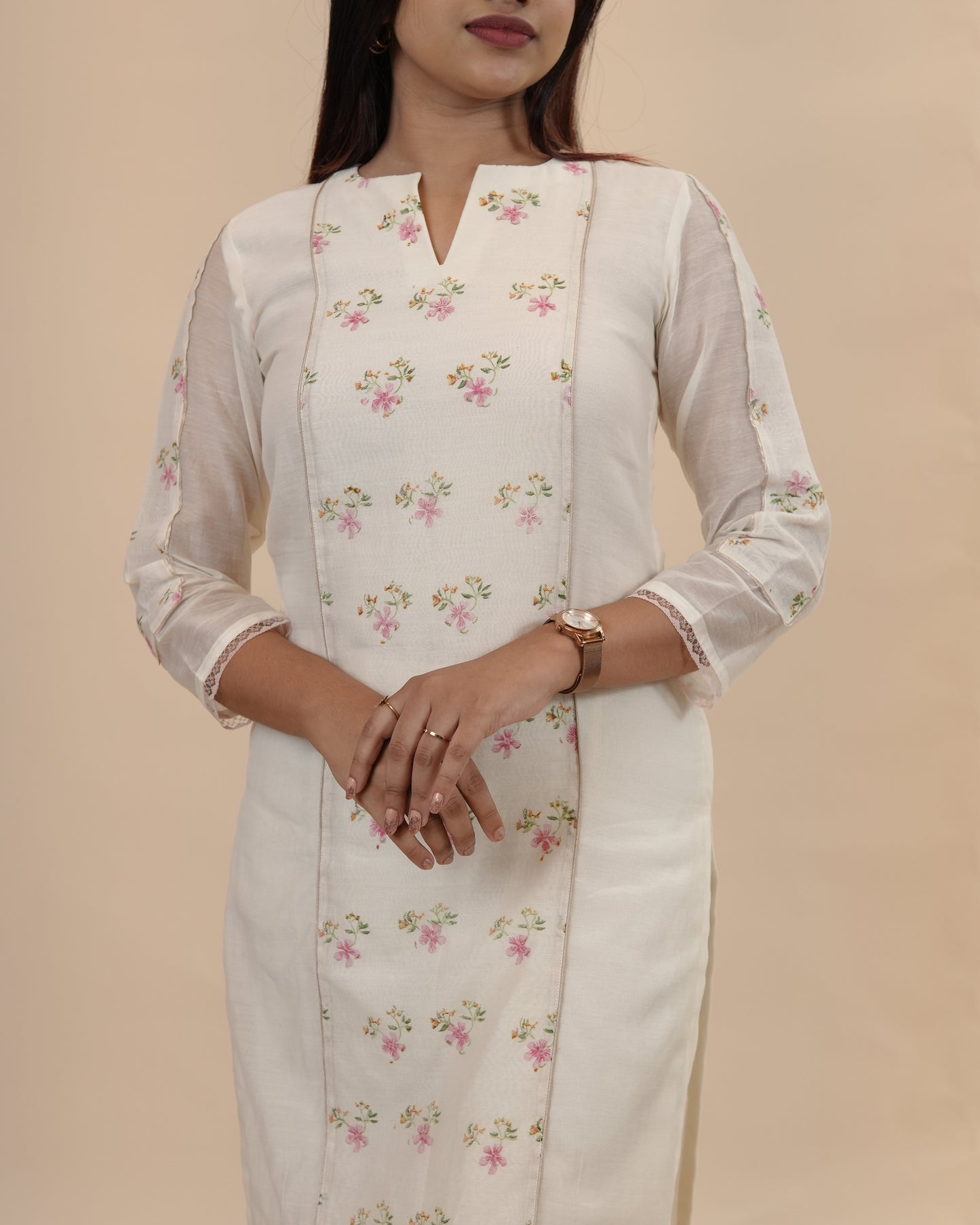 Graceful Off-White Floral Kurta with Sheer Sleeves with pants