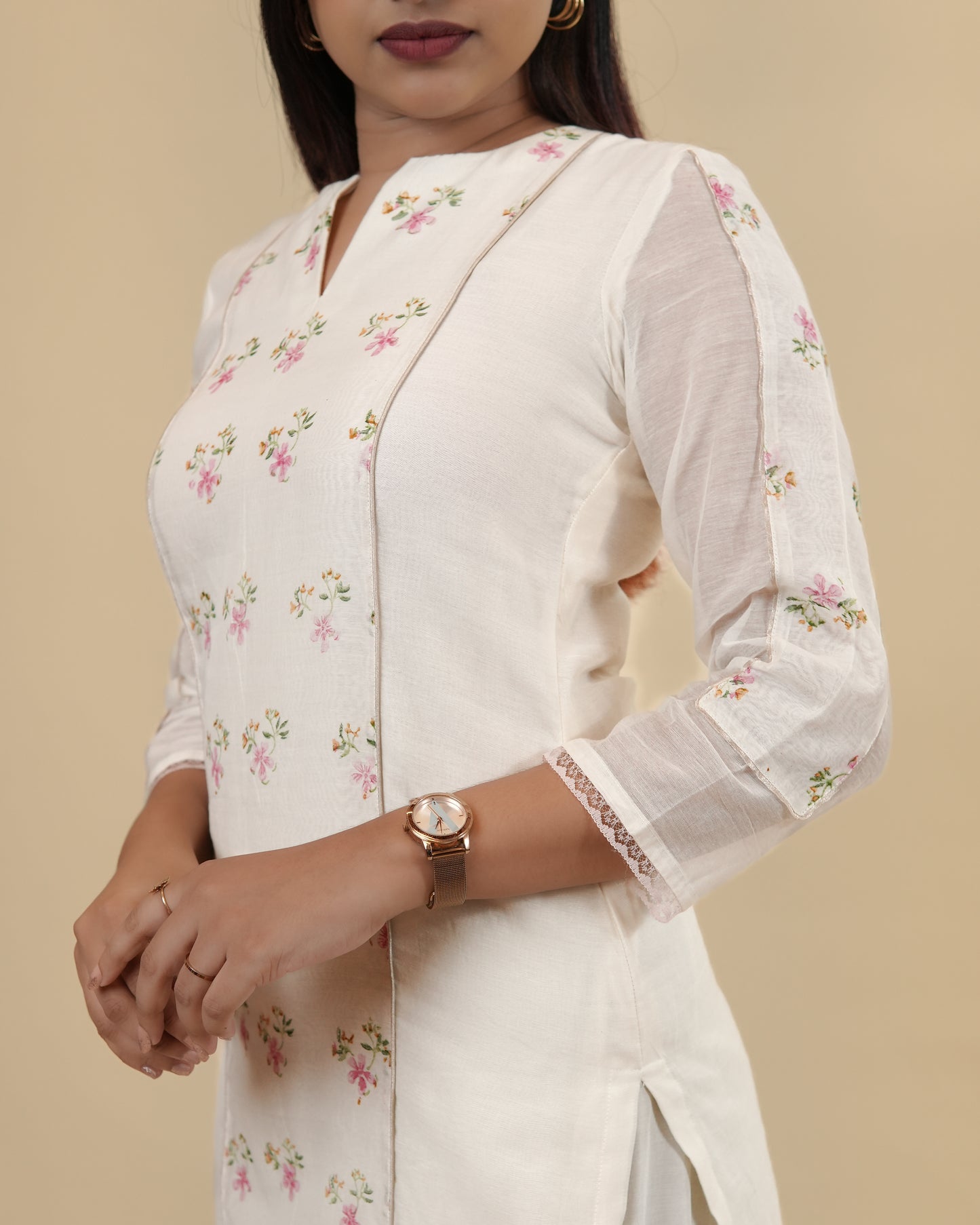 Graceful Off-White Floral Kurta with Sheer Sleeves with pants