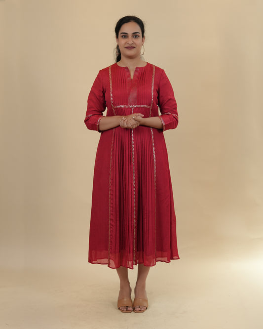 Radiant Red Embellished Kurta with Pleated Design