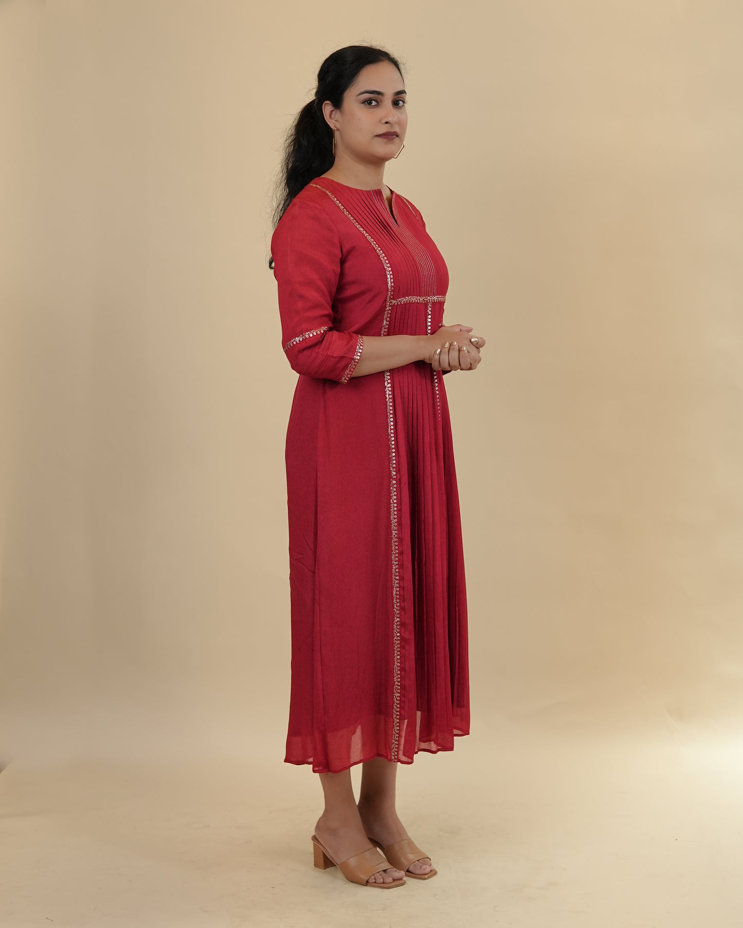 Radiant Red Embellished Kurta with Pleated Design