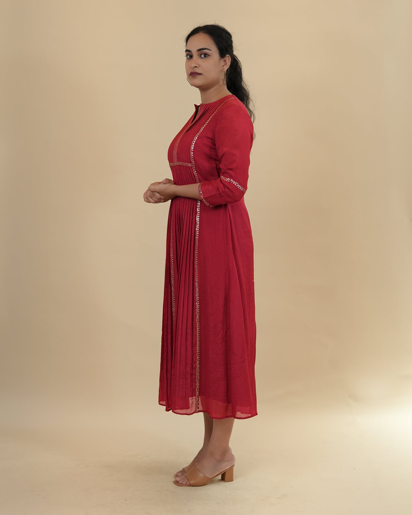 Radiant Red Embellished Kurta with Pleated Design