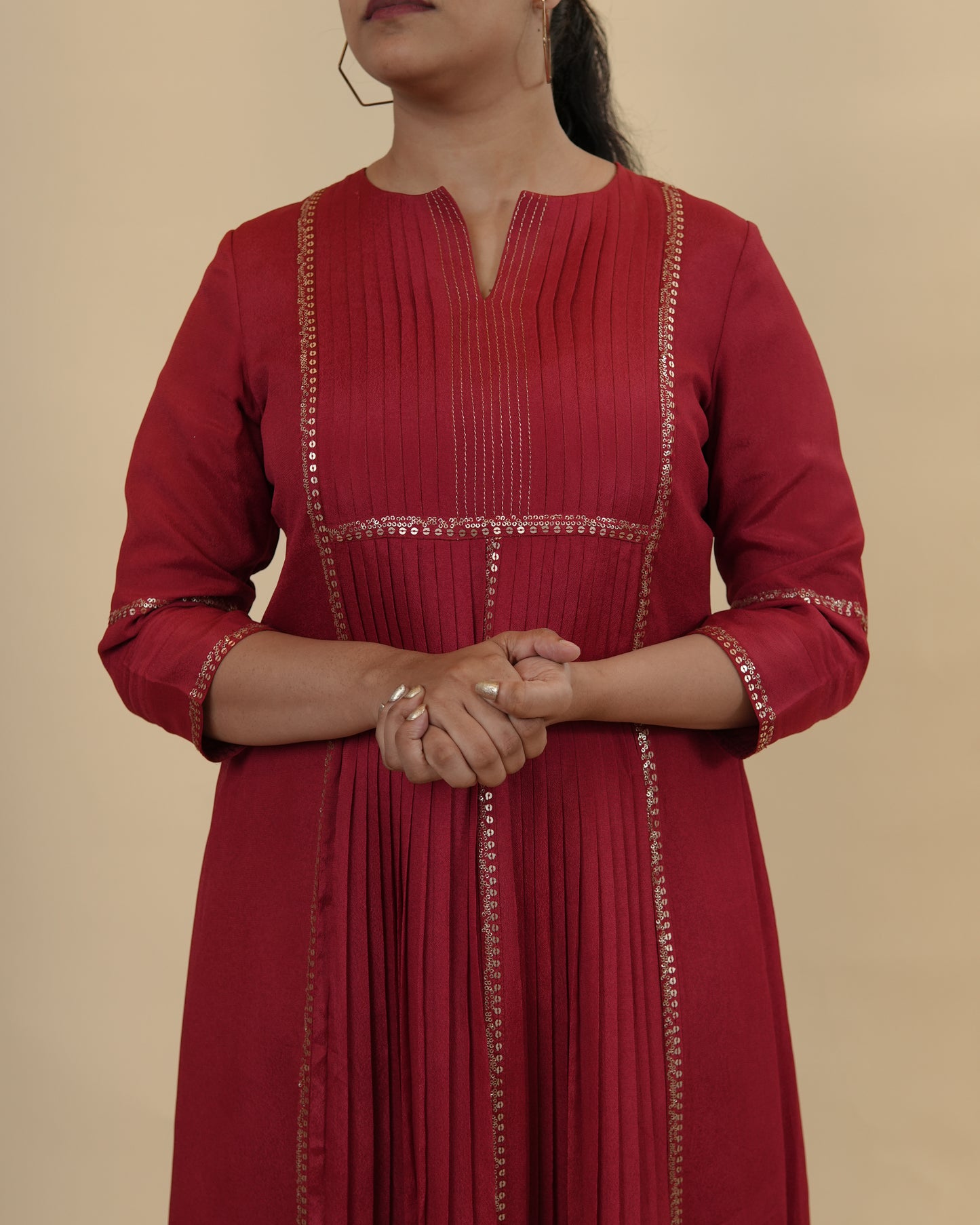 Radiant Red Embellished Kurta with Pleated Design