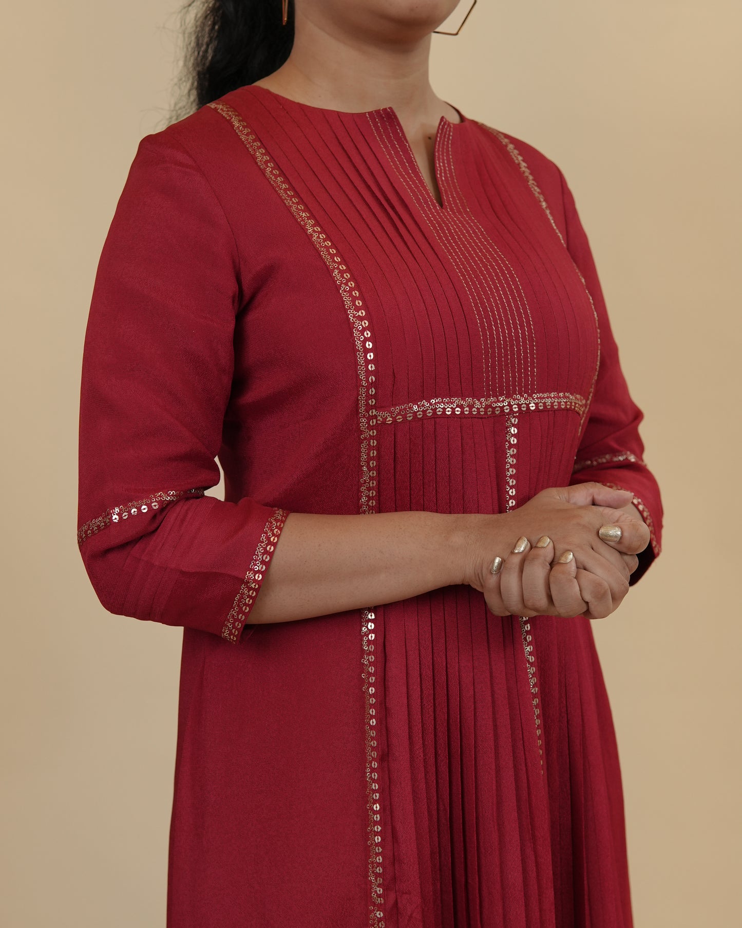 Radiant Red Embellished Kurta with Pleated Design