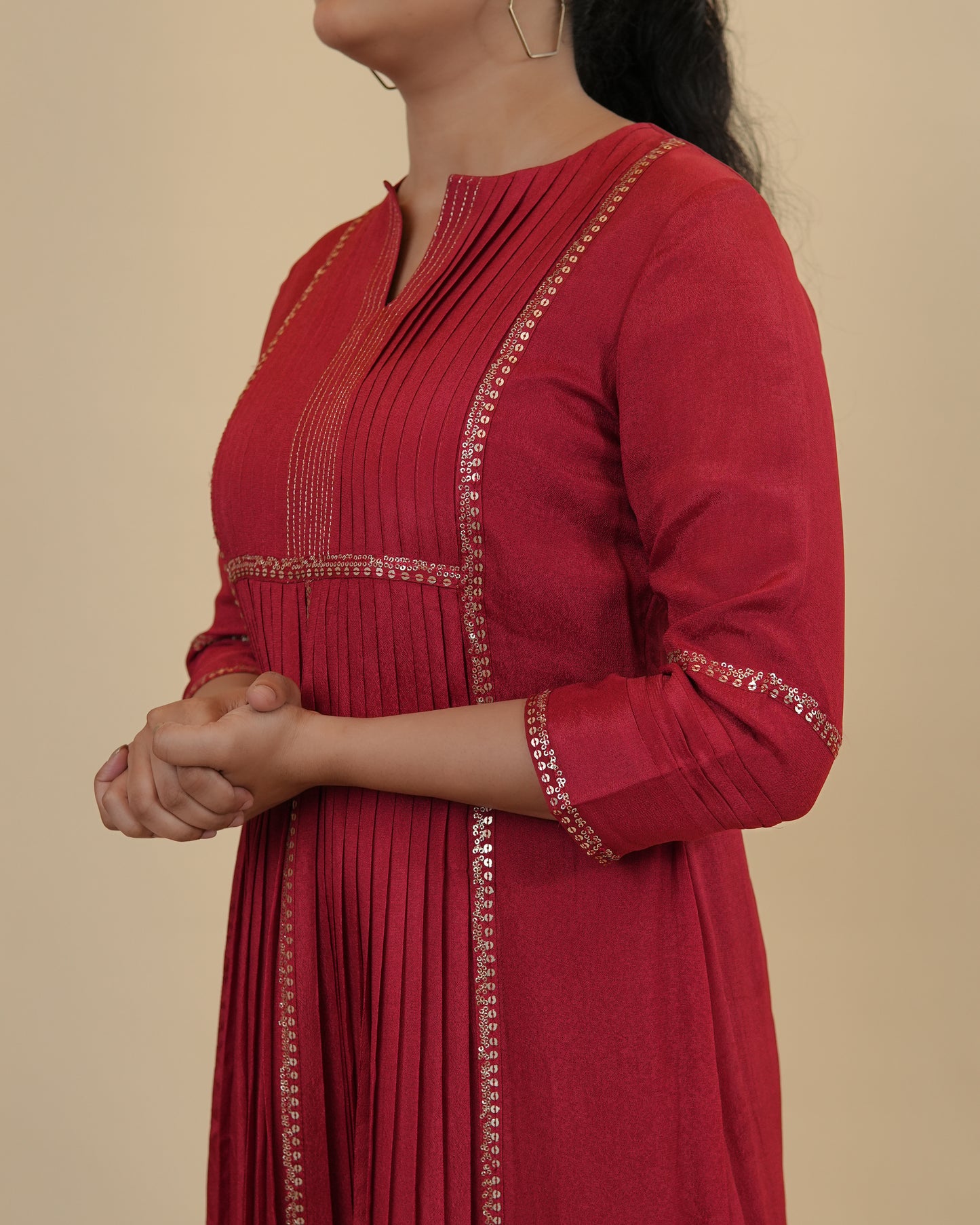 Radiant Red Embellished Kurta with Pleated Design