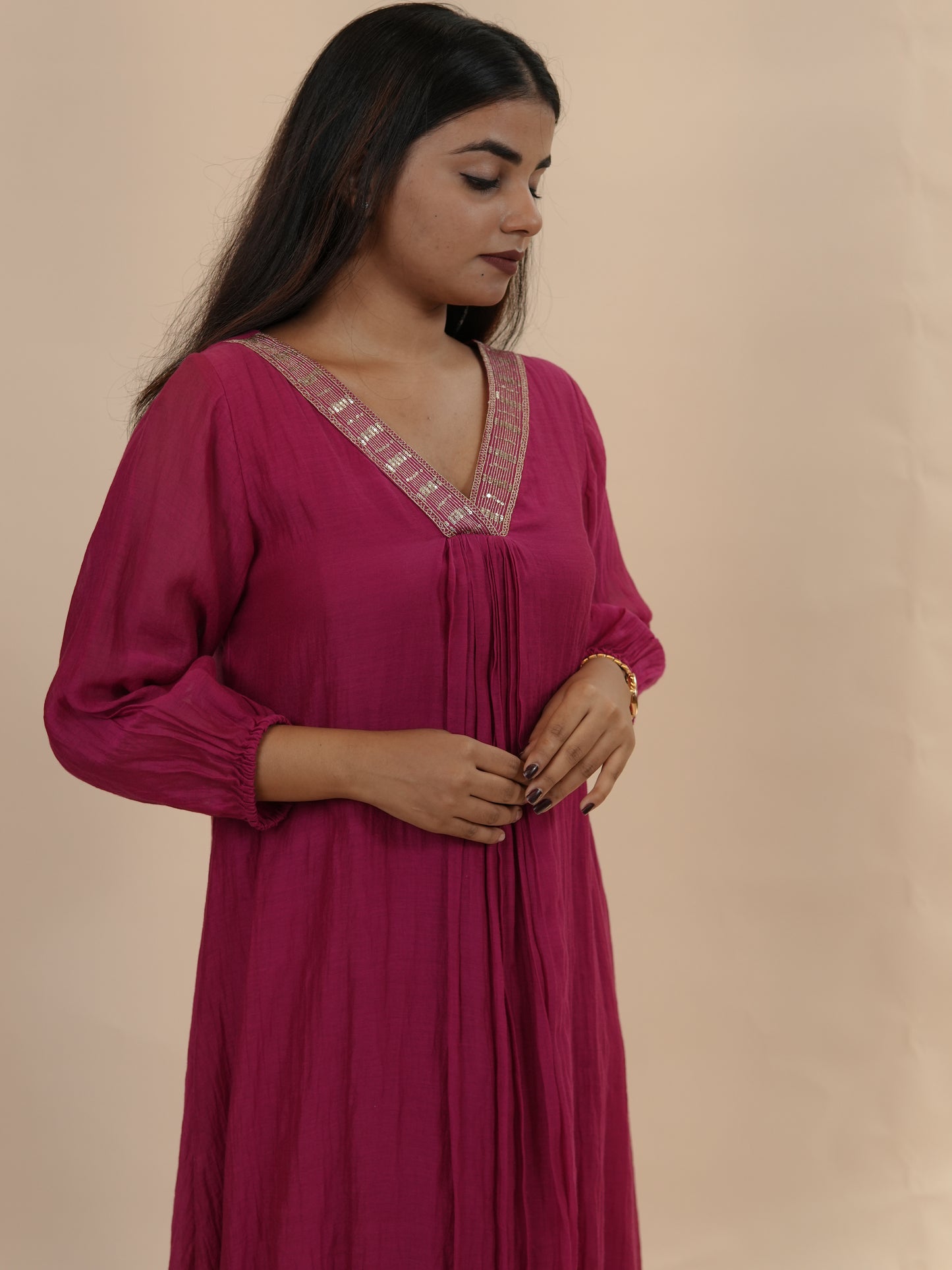 Rani Pink with embroidered V neck