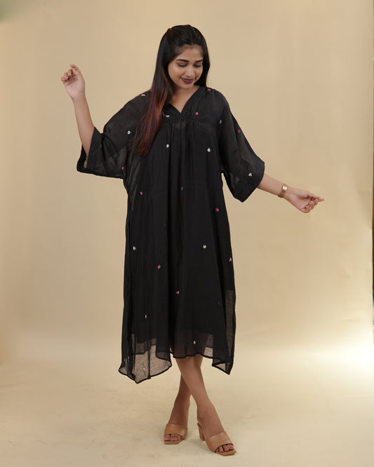 Black kaftan in handloom mul silk