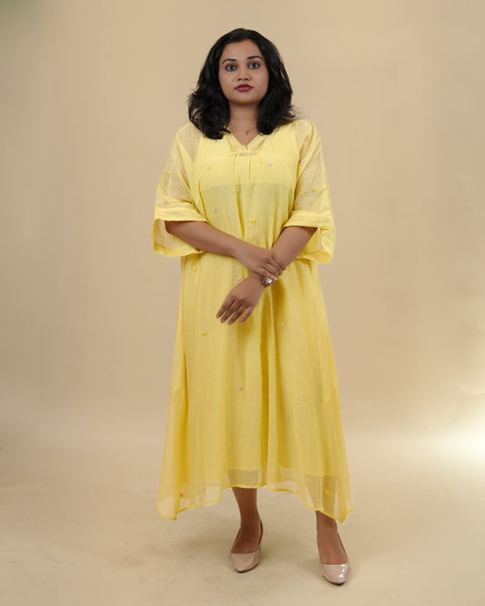 Yellow kaftan in handloom mul silk