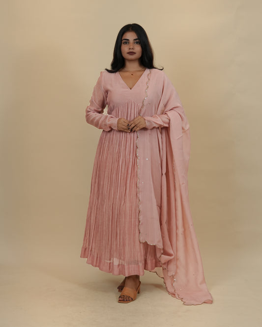 Elegant Pink Pleated Anarkali Dress with Dupatta