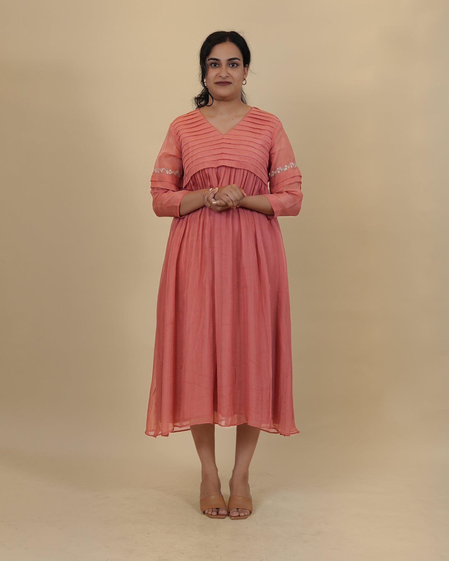 Pleated yoke emboidered dress