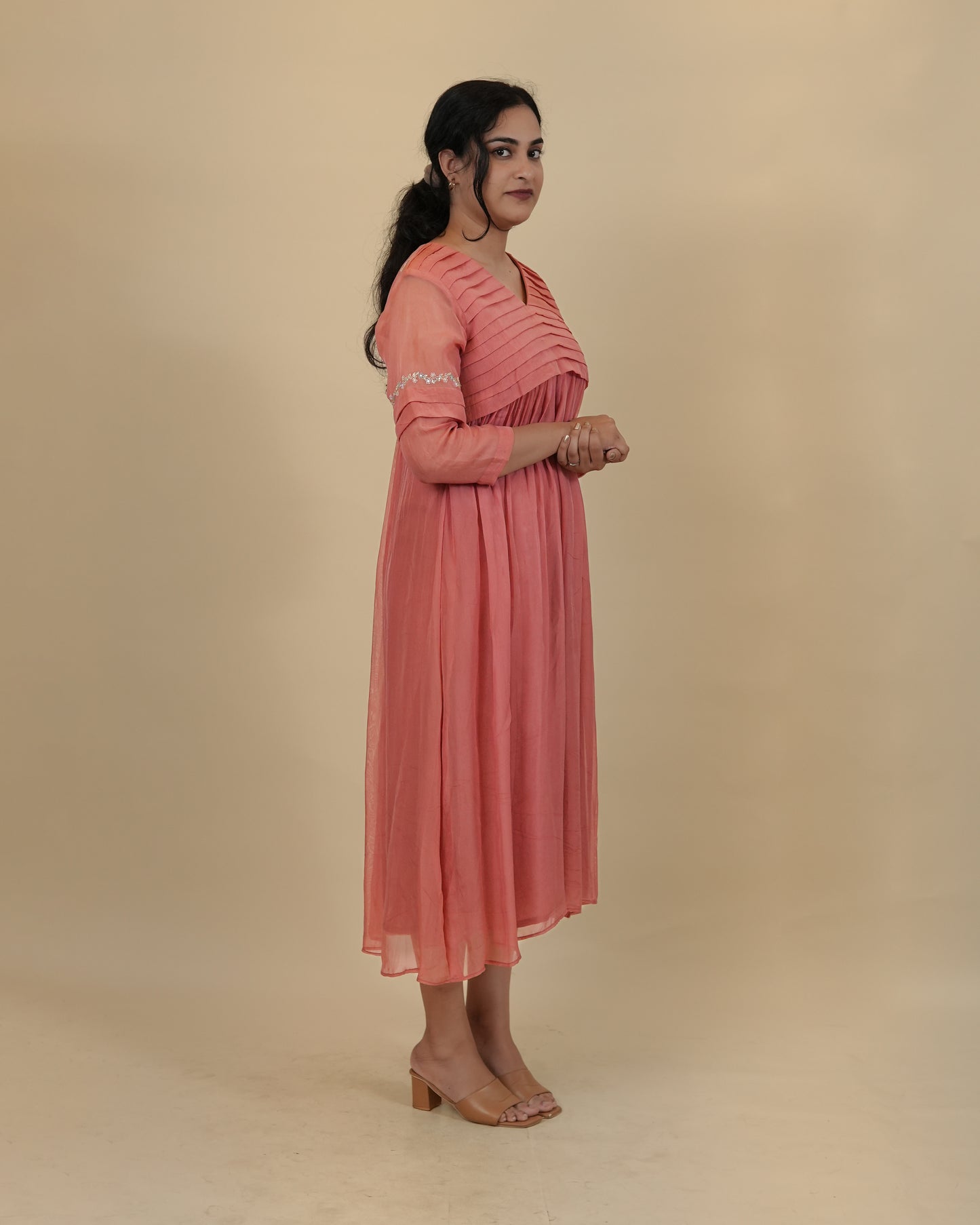 Pleated yoke emboidered dress