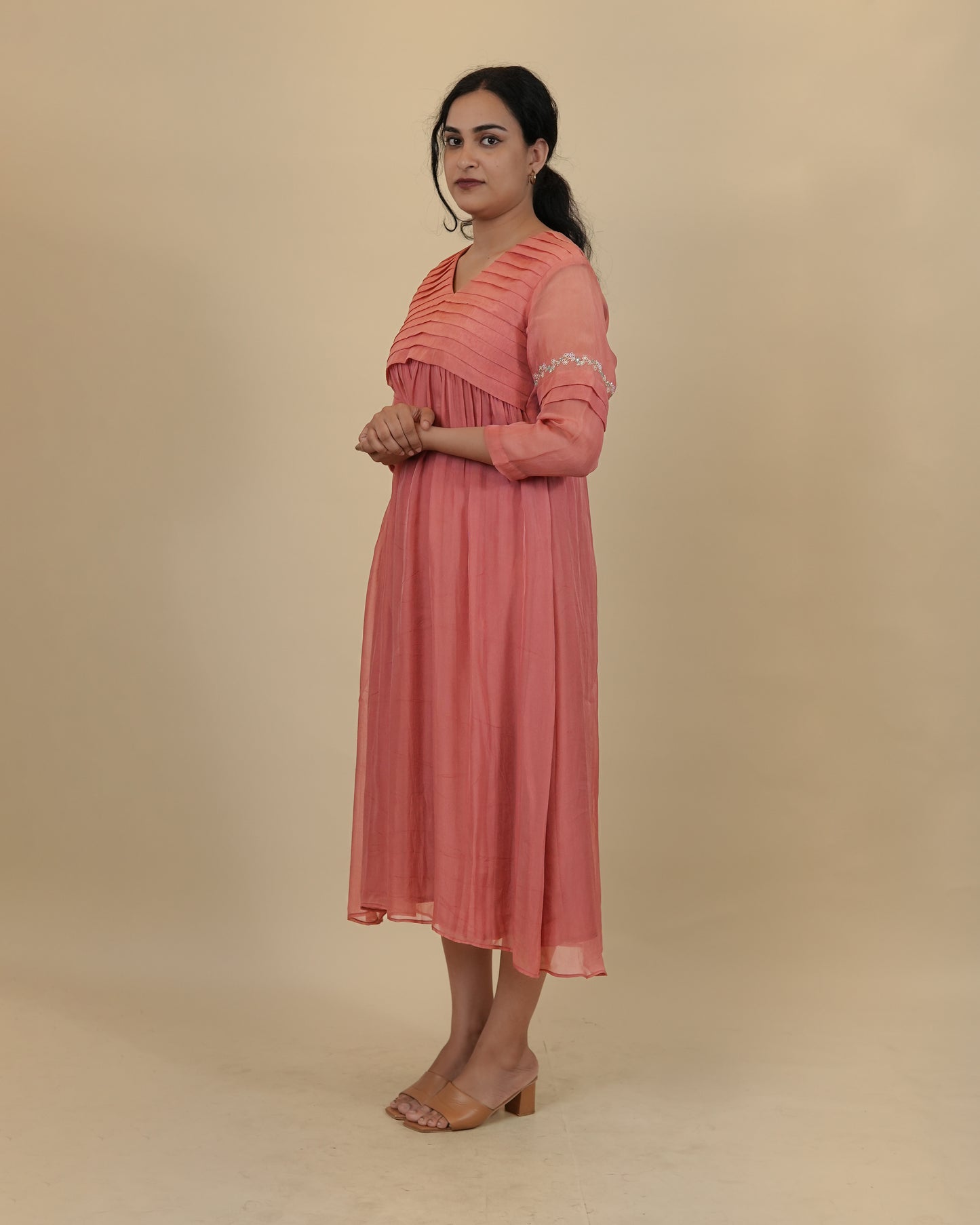 Pleated yoke emboidered dress