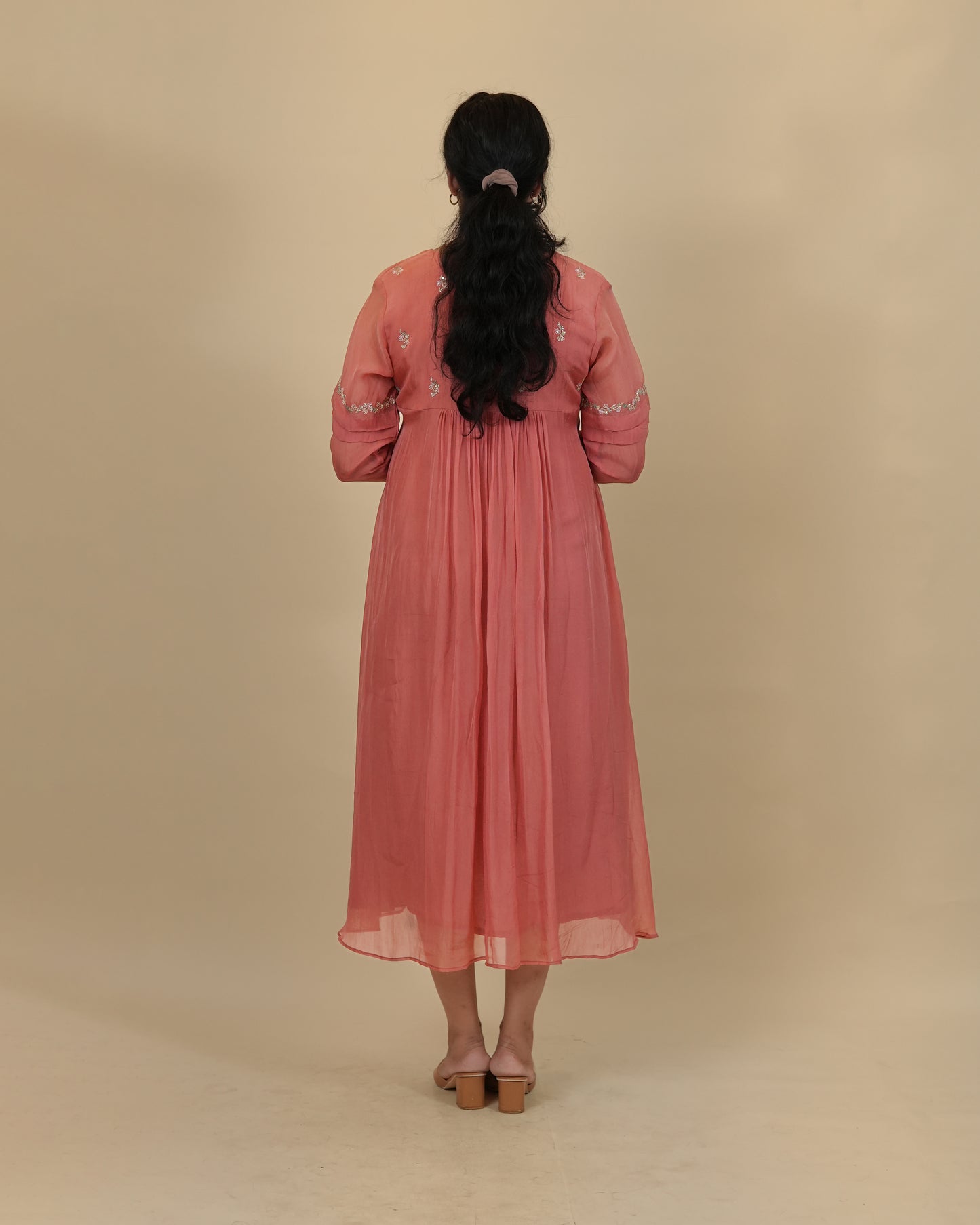 Pleated yoke emboidered dress