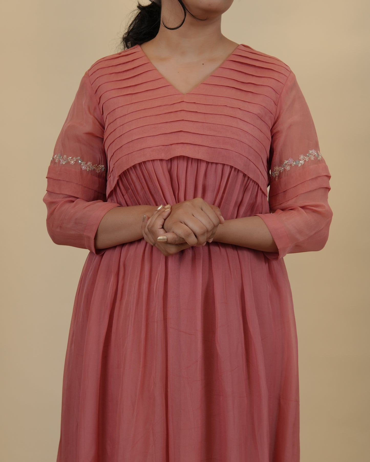 Pleated yoke emboidered dress