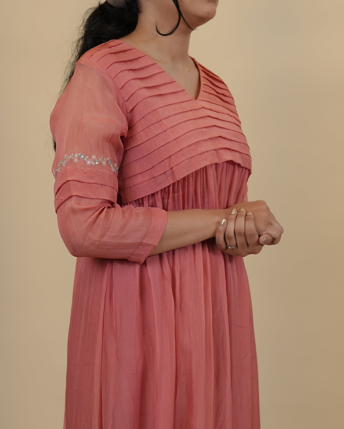 Pleated yoke emboidered dress