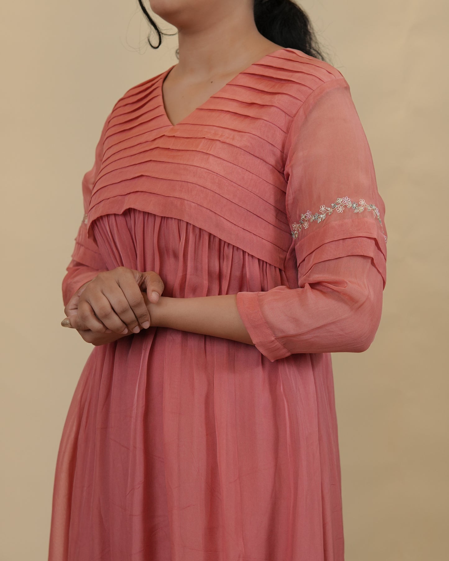 Pleated yoke emboidered dress