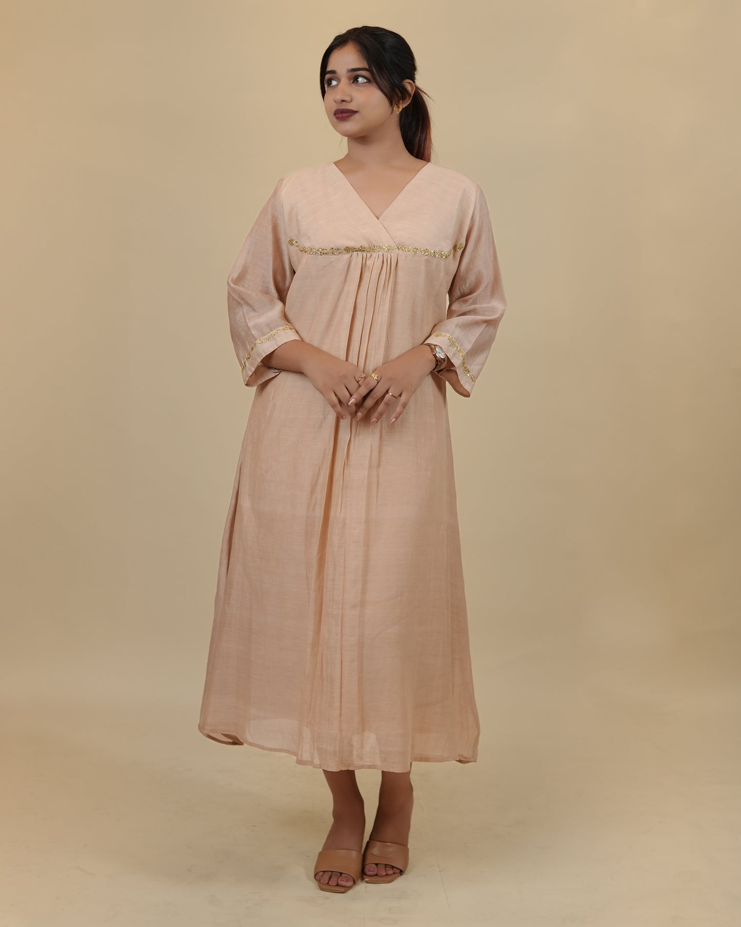 Overlap V neck mul chanderi silk Dress