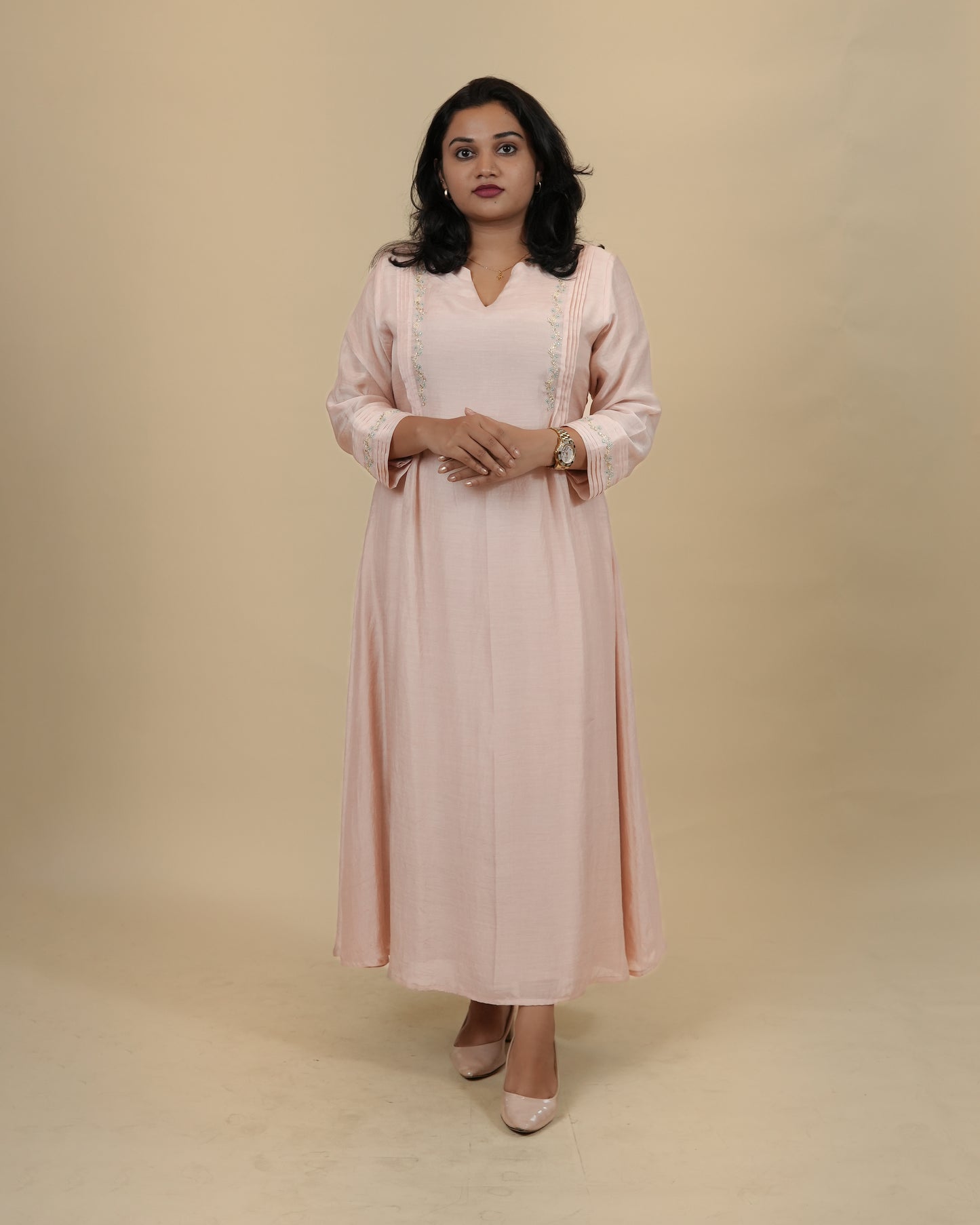 Light Pastel pink dress with silver thread embroidery