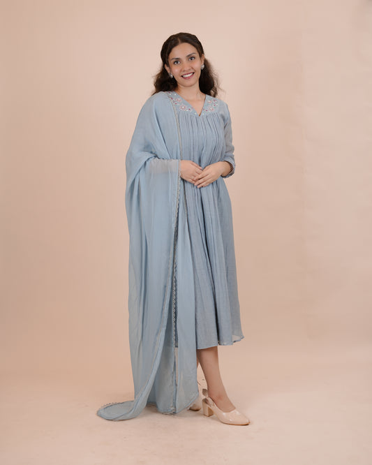 Elegant Blue Chanderi Dress with Embroidery