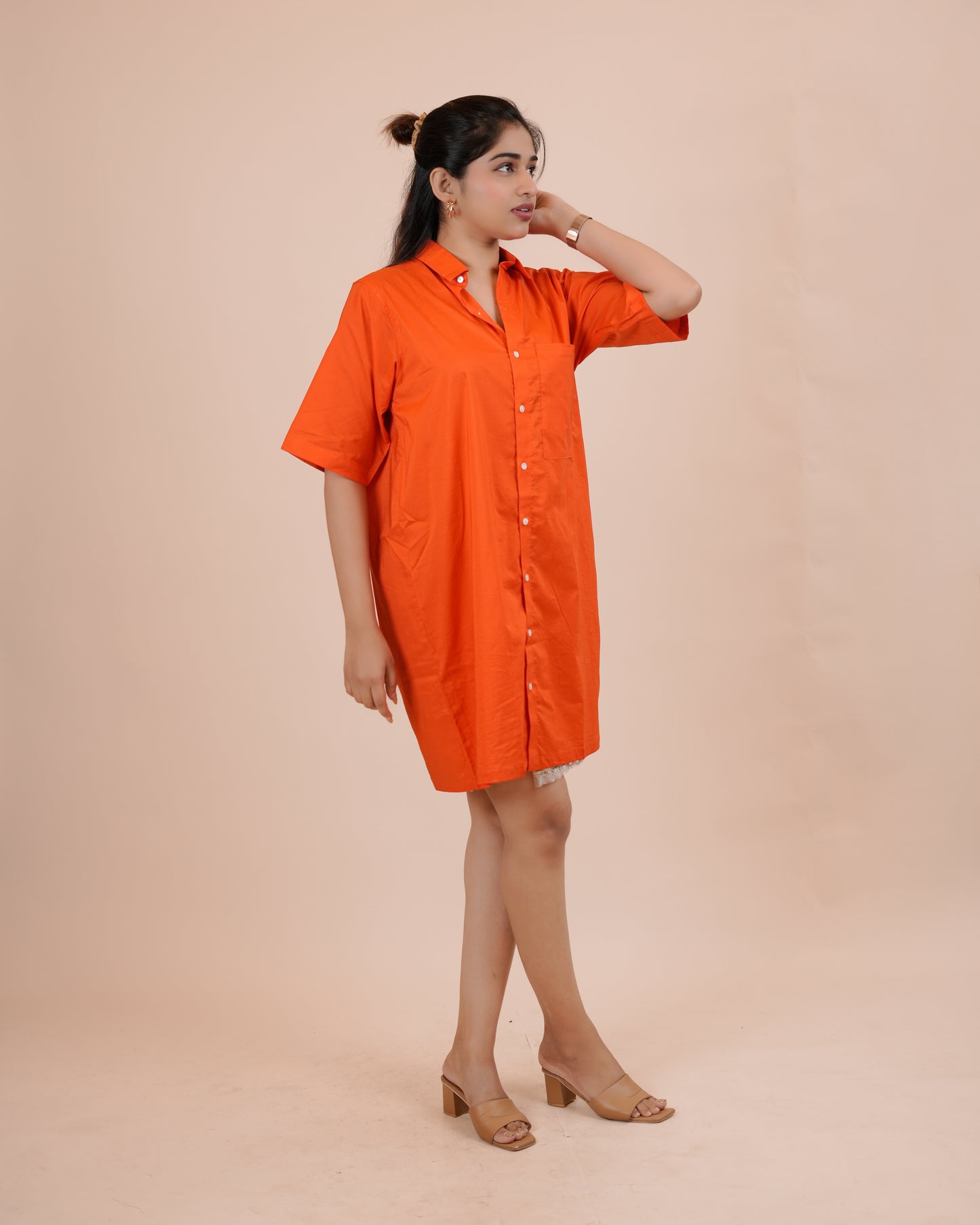 Chic Orange Button-Up Shirt Dress