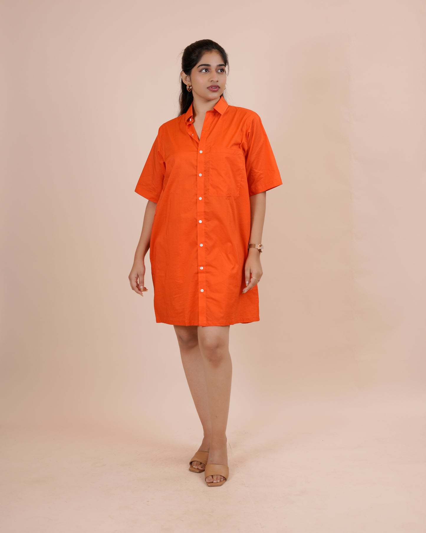 Chic Orange Button-Up Shirt Dress