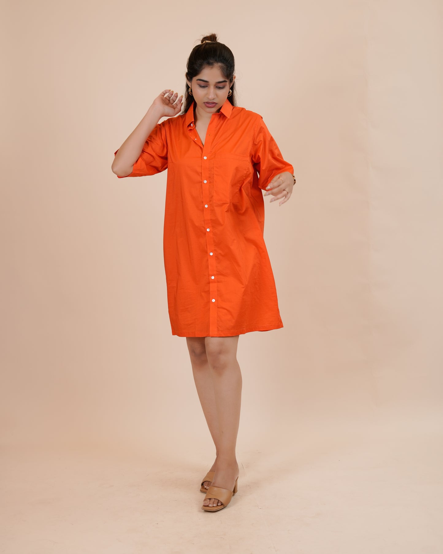 Chic Orange Button-Up Shirt Dress