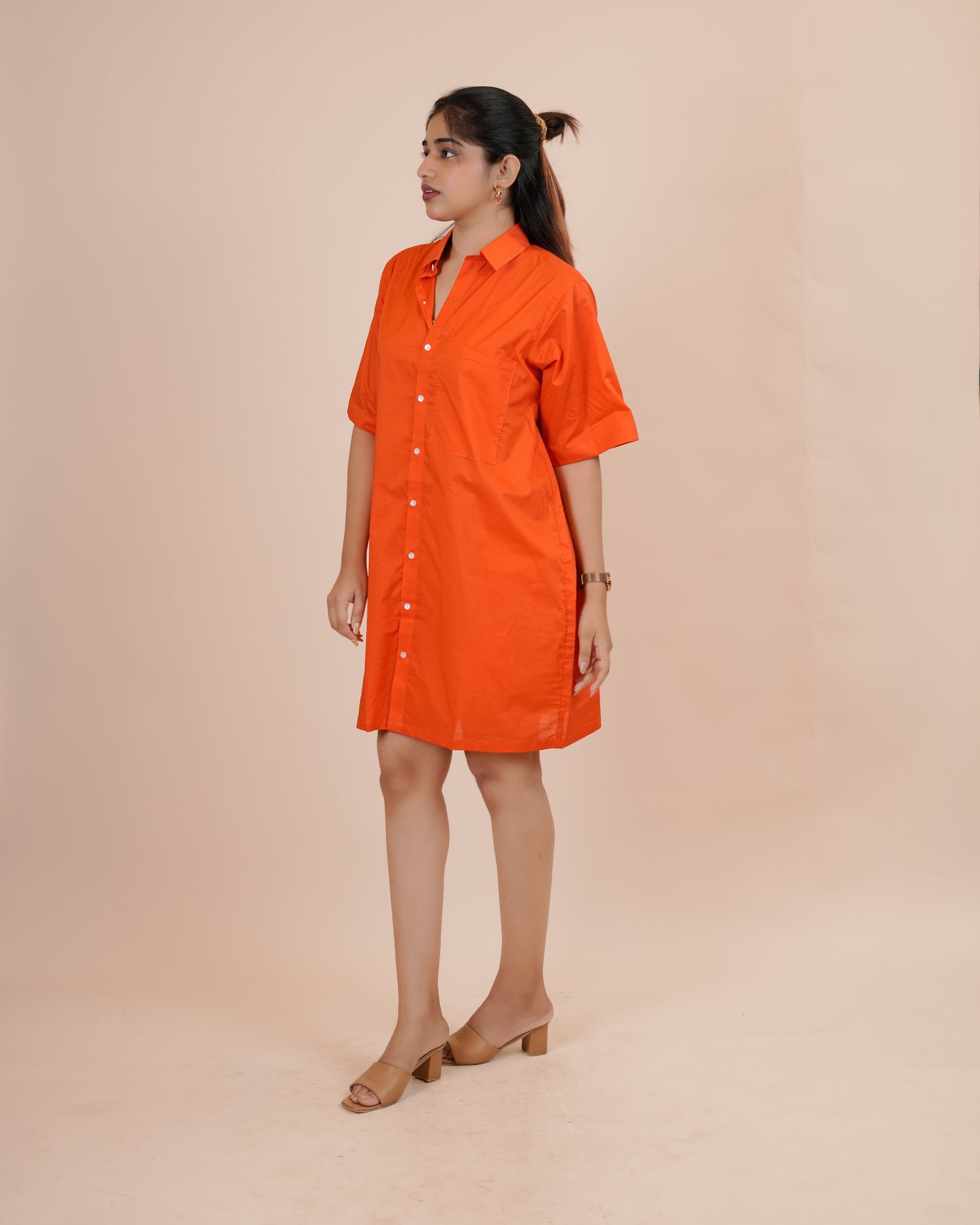 Chic Orange Button-Up Shirt Dress