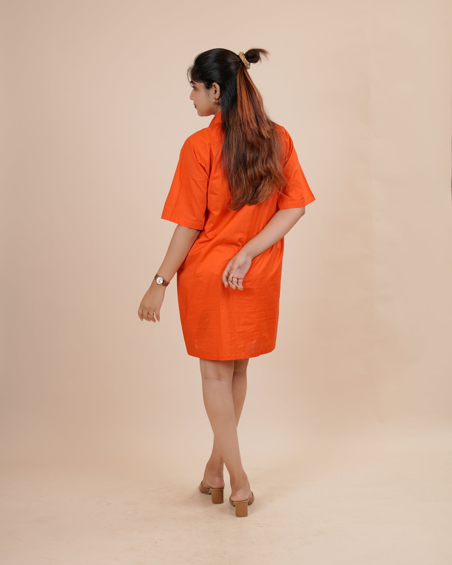 Chic Orange Button-Up Shirt Dress