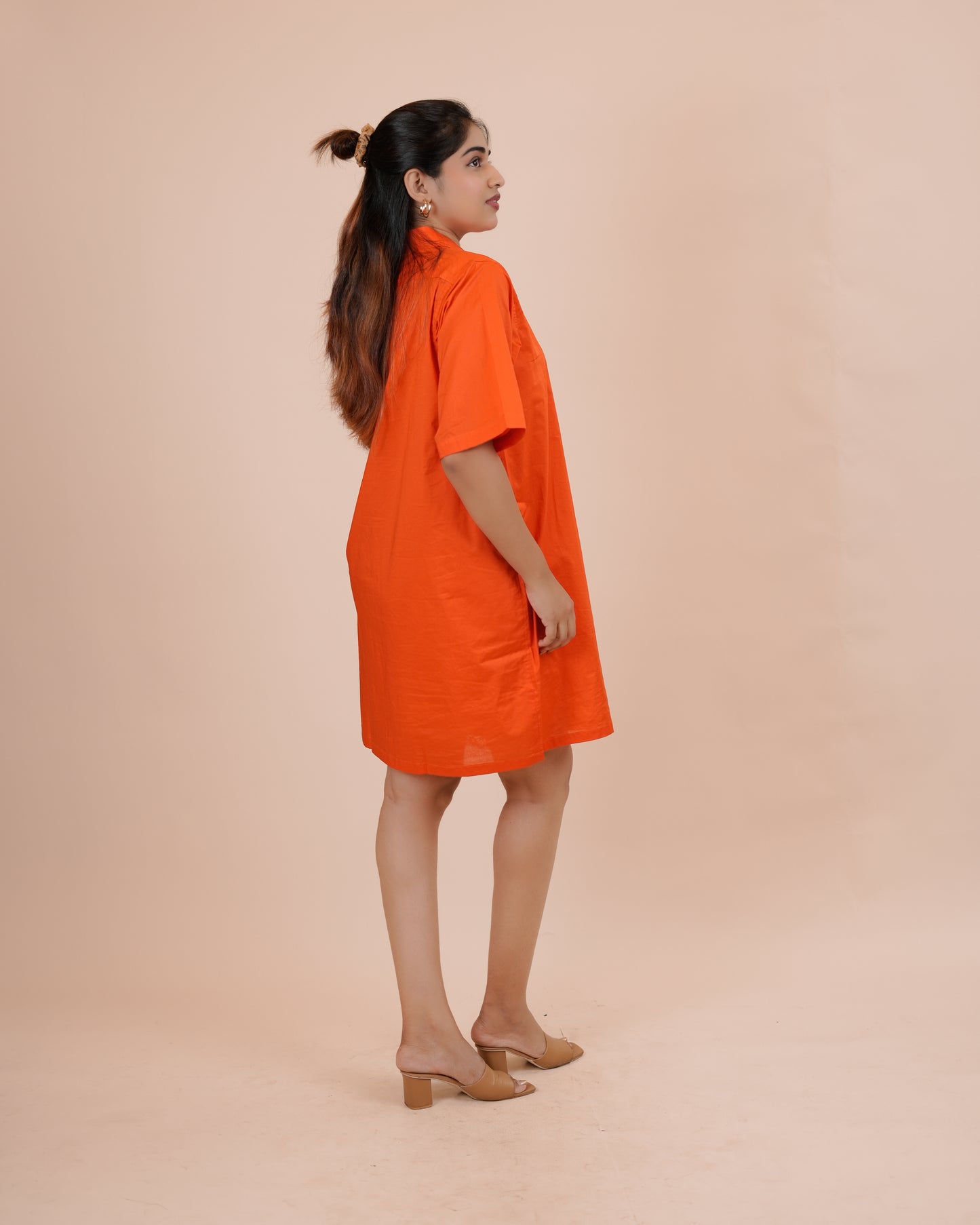 Chic Orange Button-Up Shirt Dress