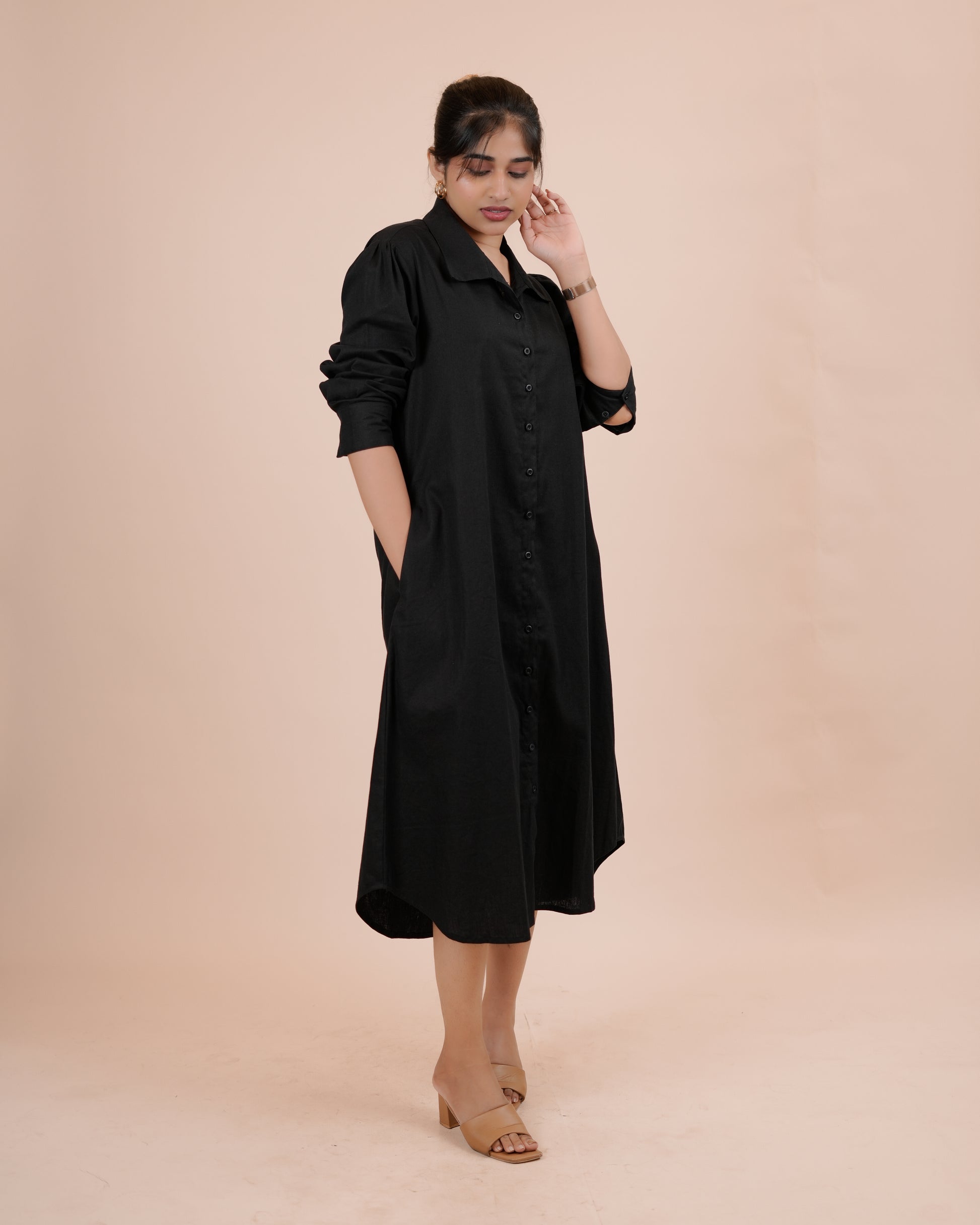 long black blouse dress Anais Long Sleeve Silk Shirt Dress in Black L/XL