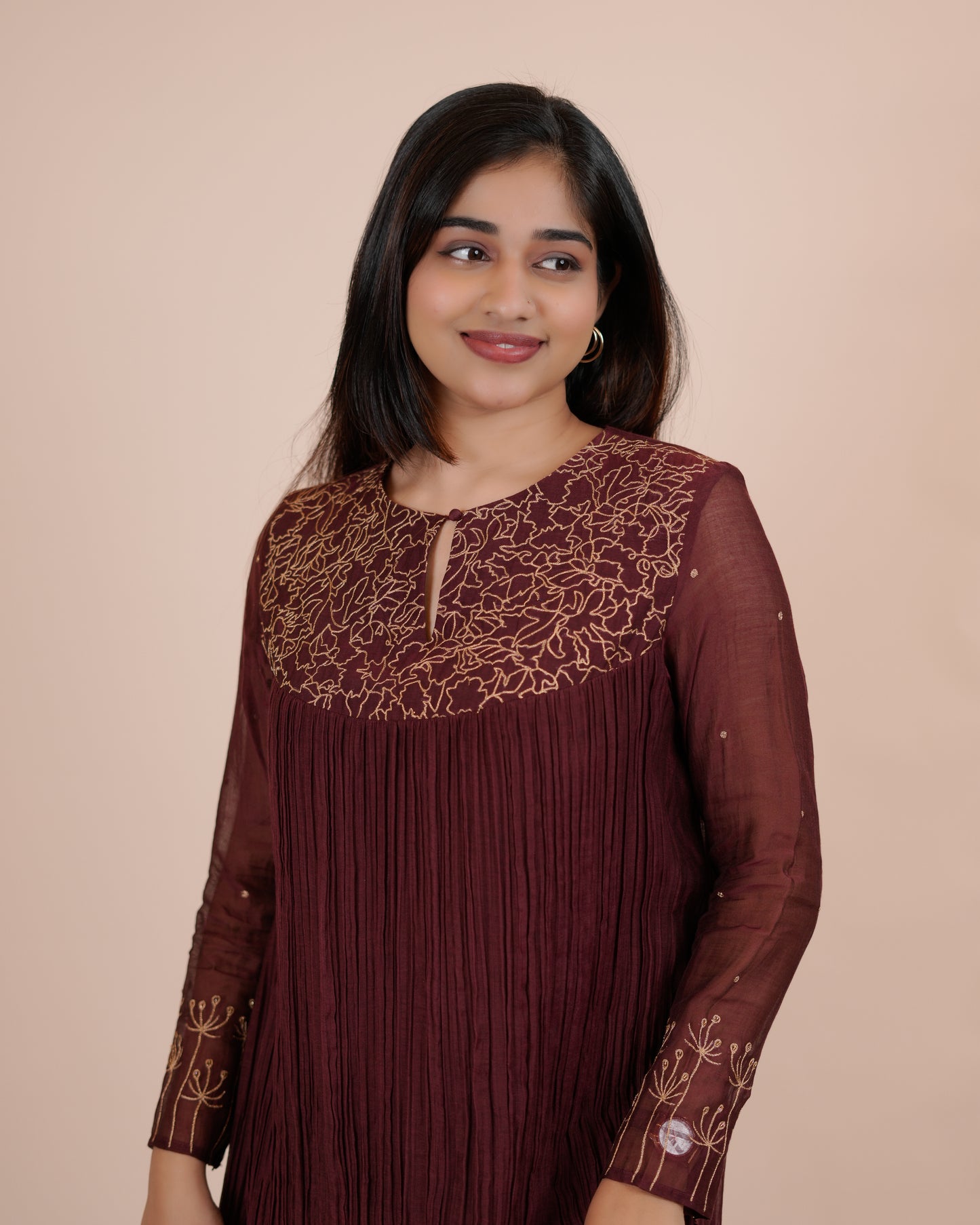 Stunning Maroon Pleated chanderi Dress