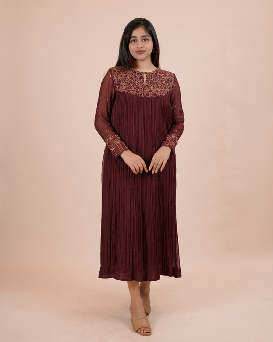 Stunning Maroon Pleated chanderi Dress