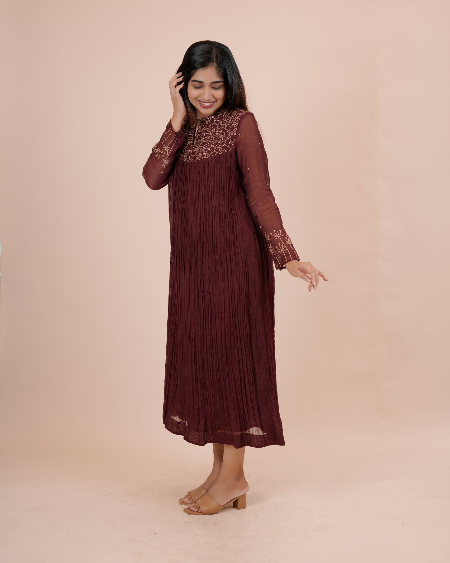 Stunning Maroon Pleated chanderi Dress