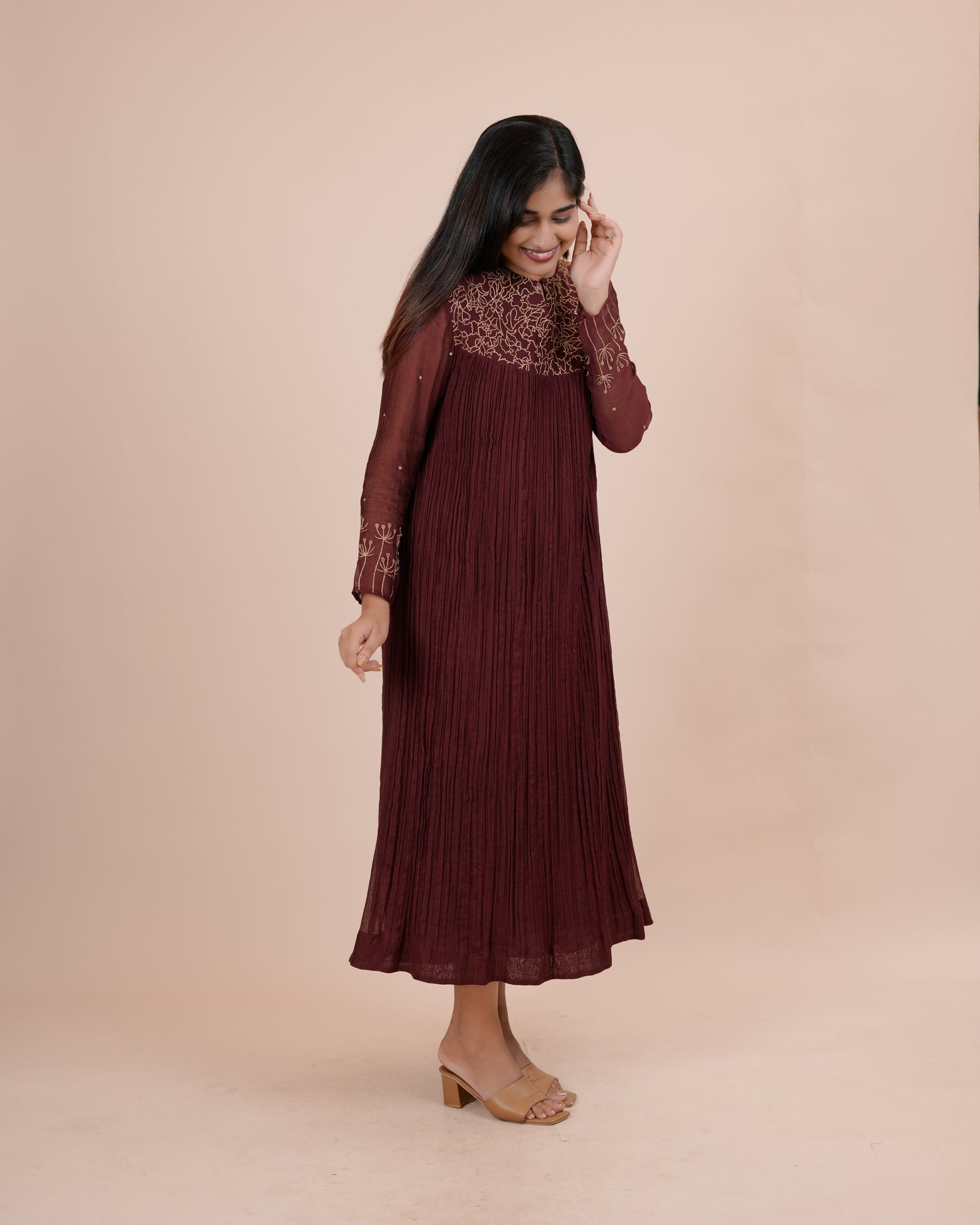 Stunning Maroon Pleated chanderi Dress