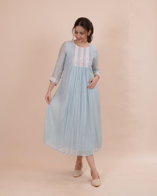 Elegant Blue Chanderi Dress with lace