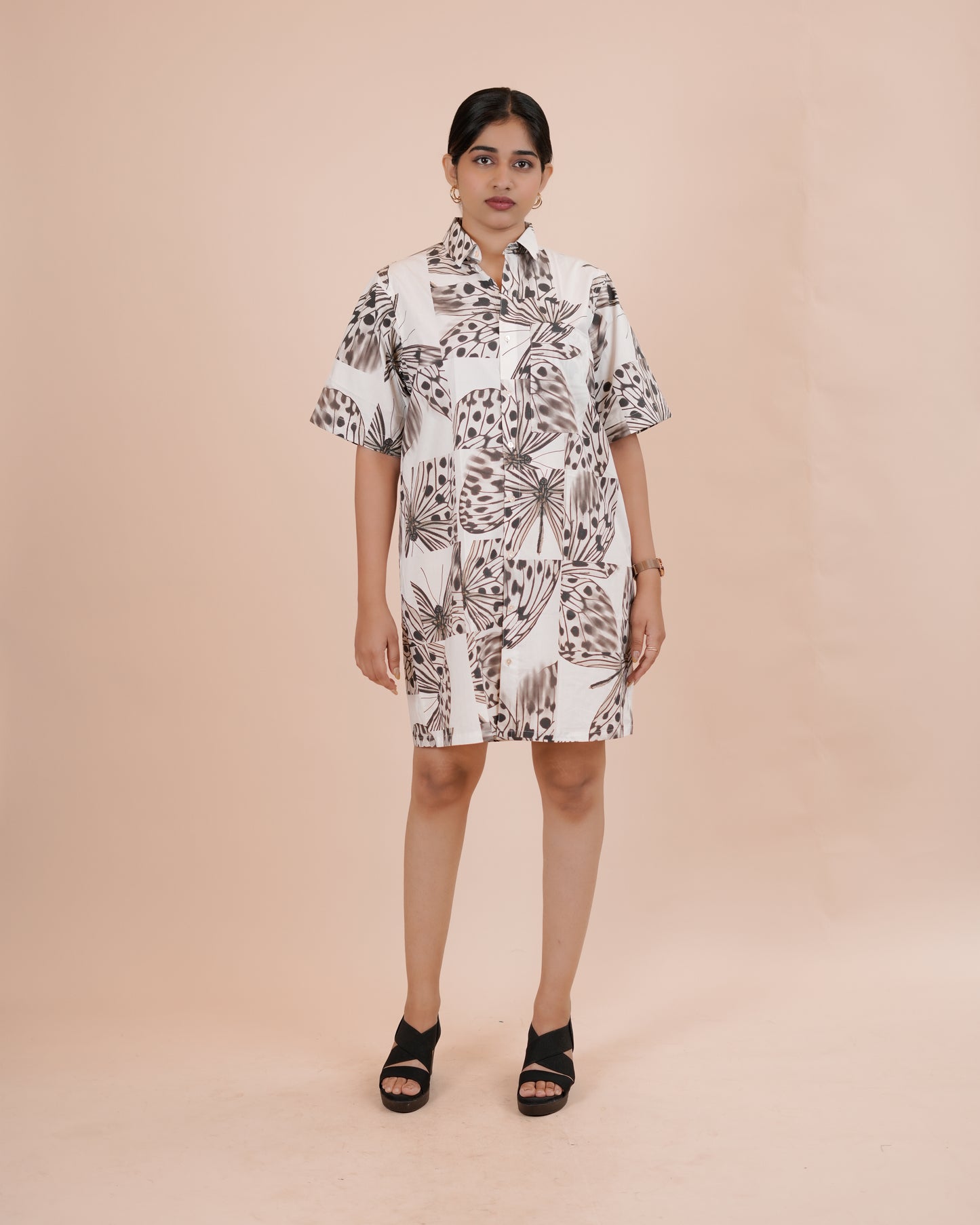 Butterfly Print Button-Up Dress