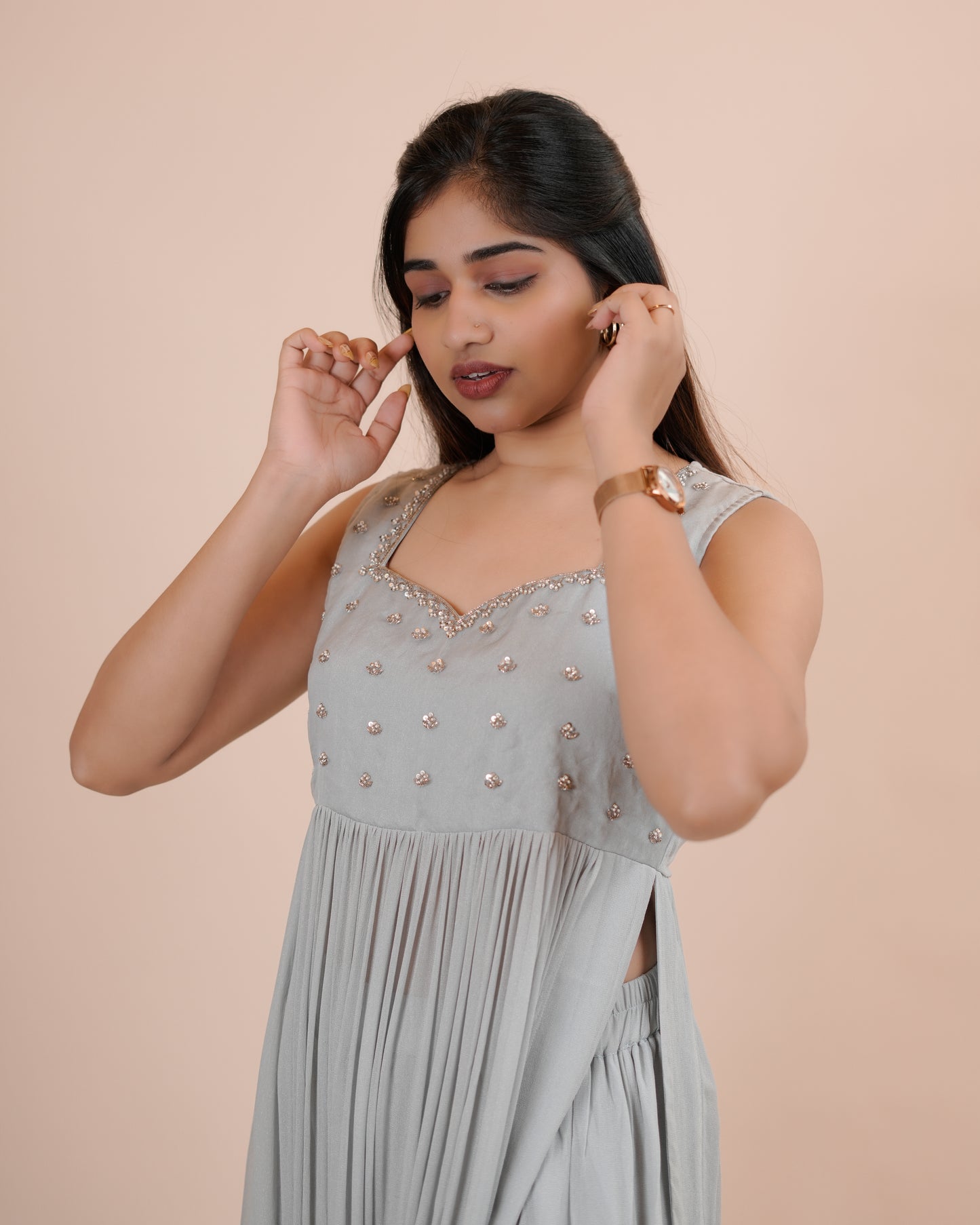 Grey Pleated Kurta and pants set