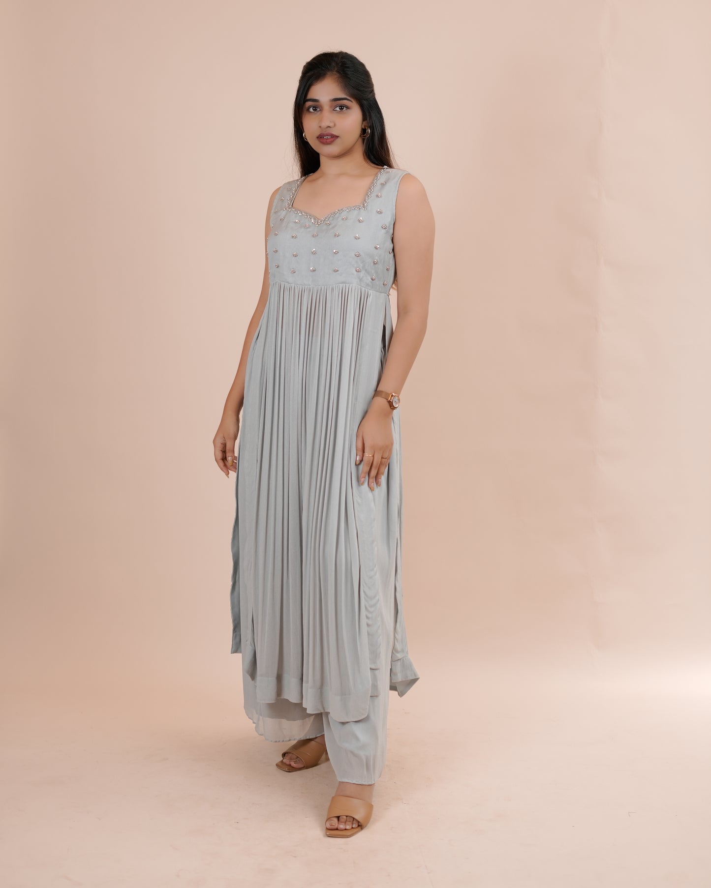 Grey Pleated Kurta and pants set