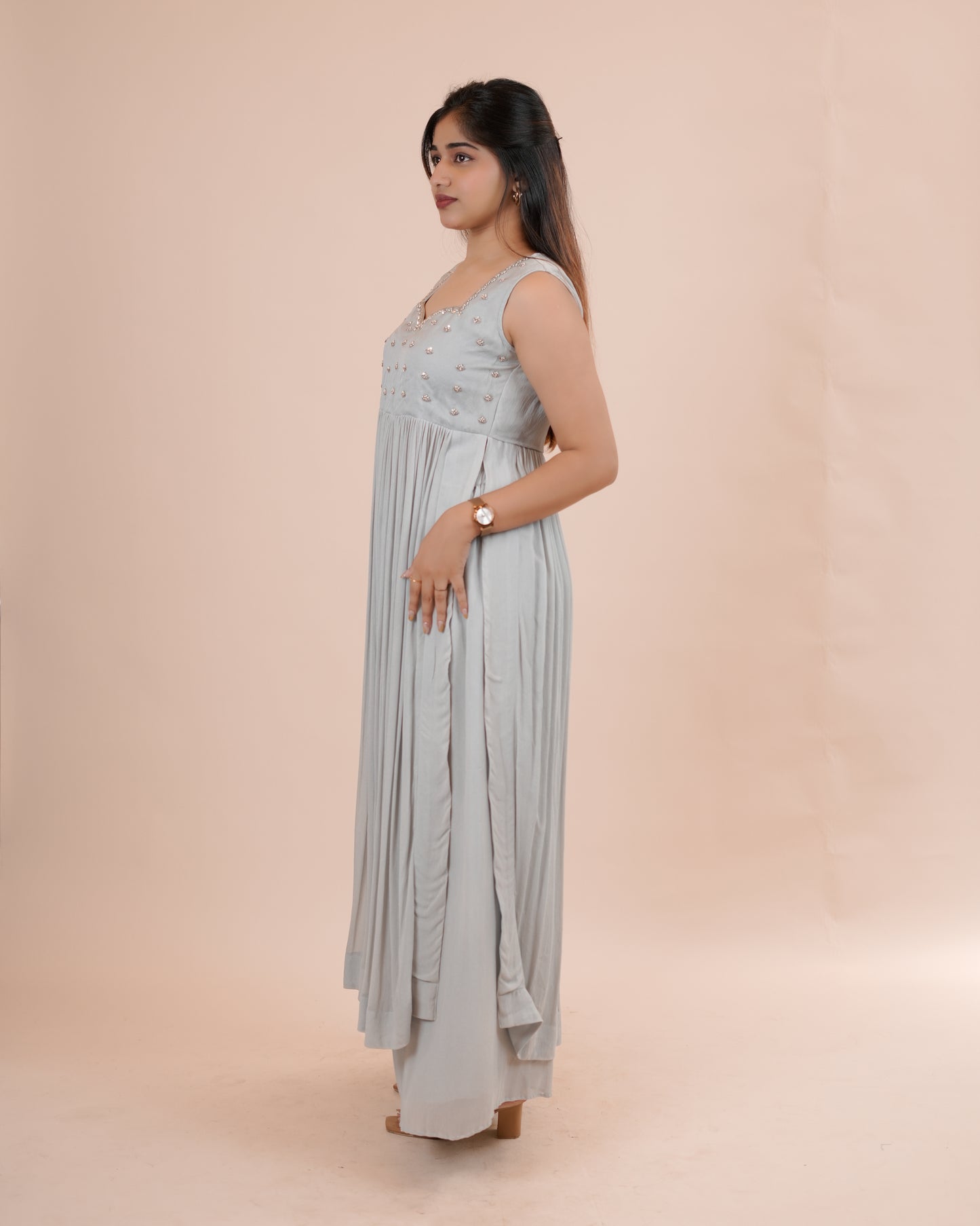 Grey Pleated Kurta and pants set