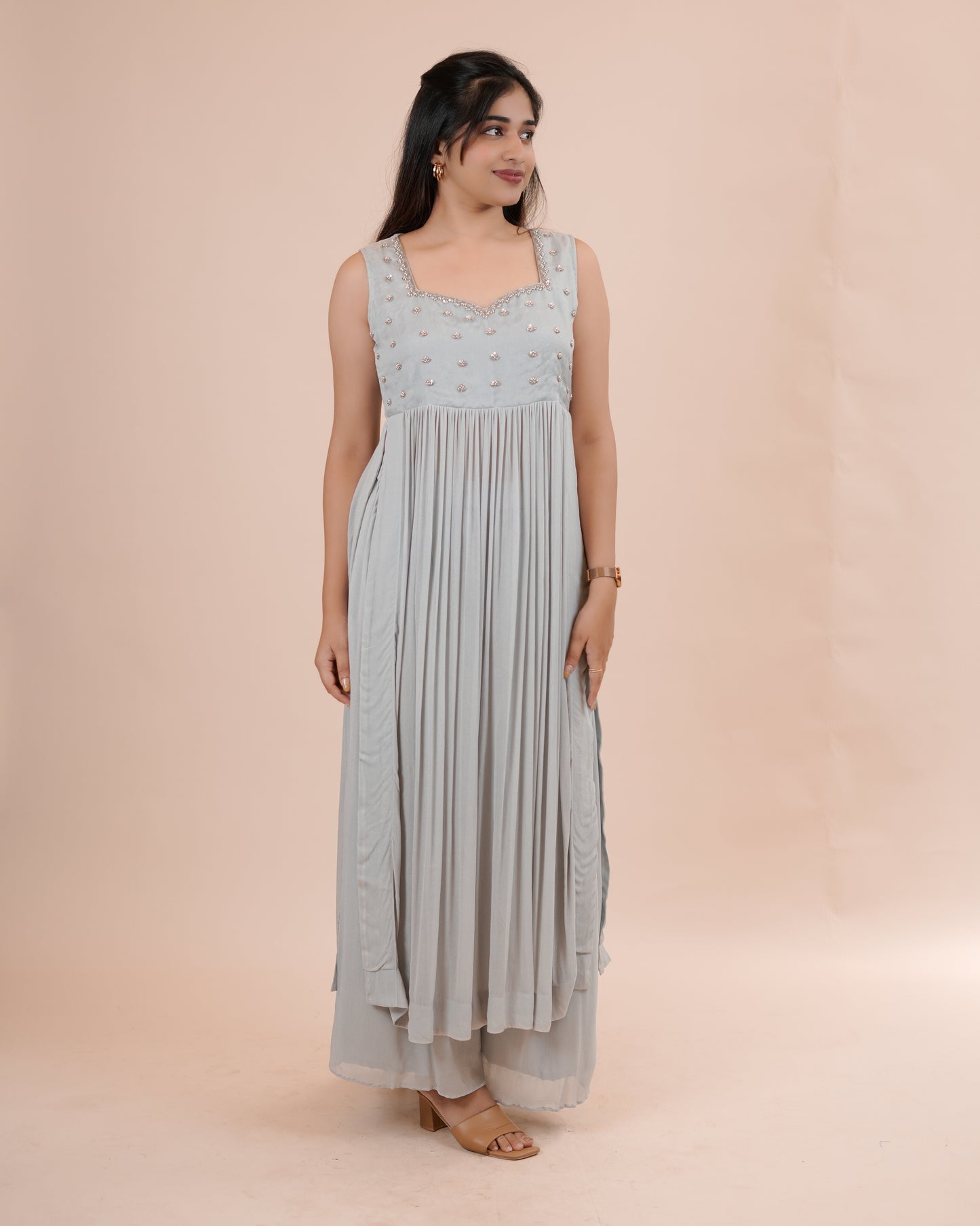 Grey Pleated Kurta and pants set