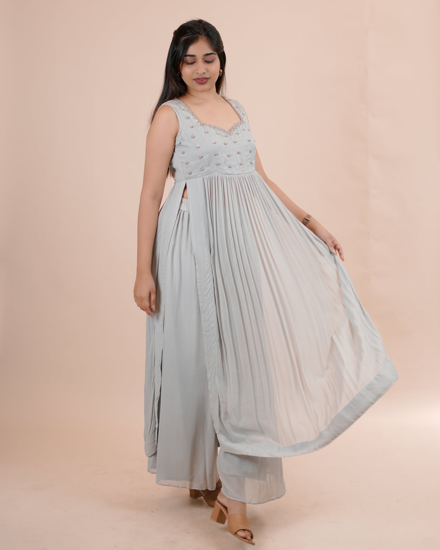 Grey Pleated Kurta and pants set