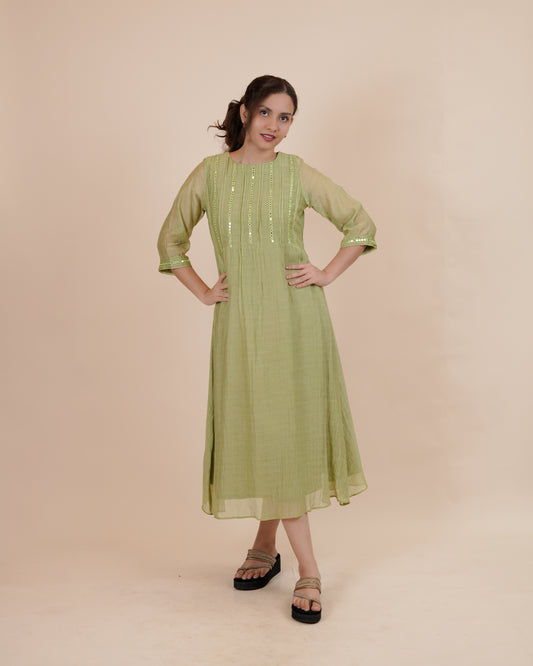 Elegant Green mirror embroidered yoke Dress