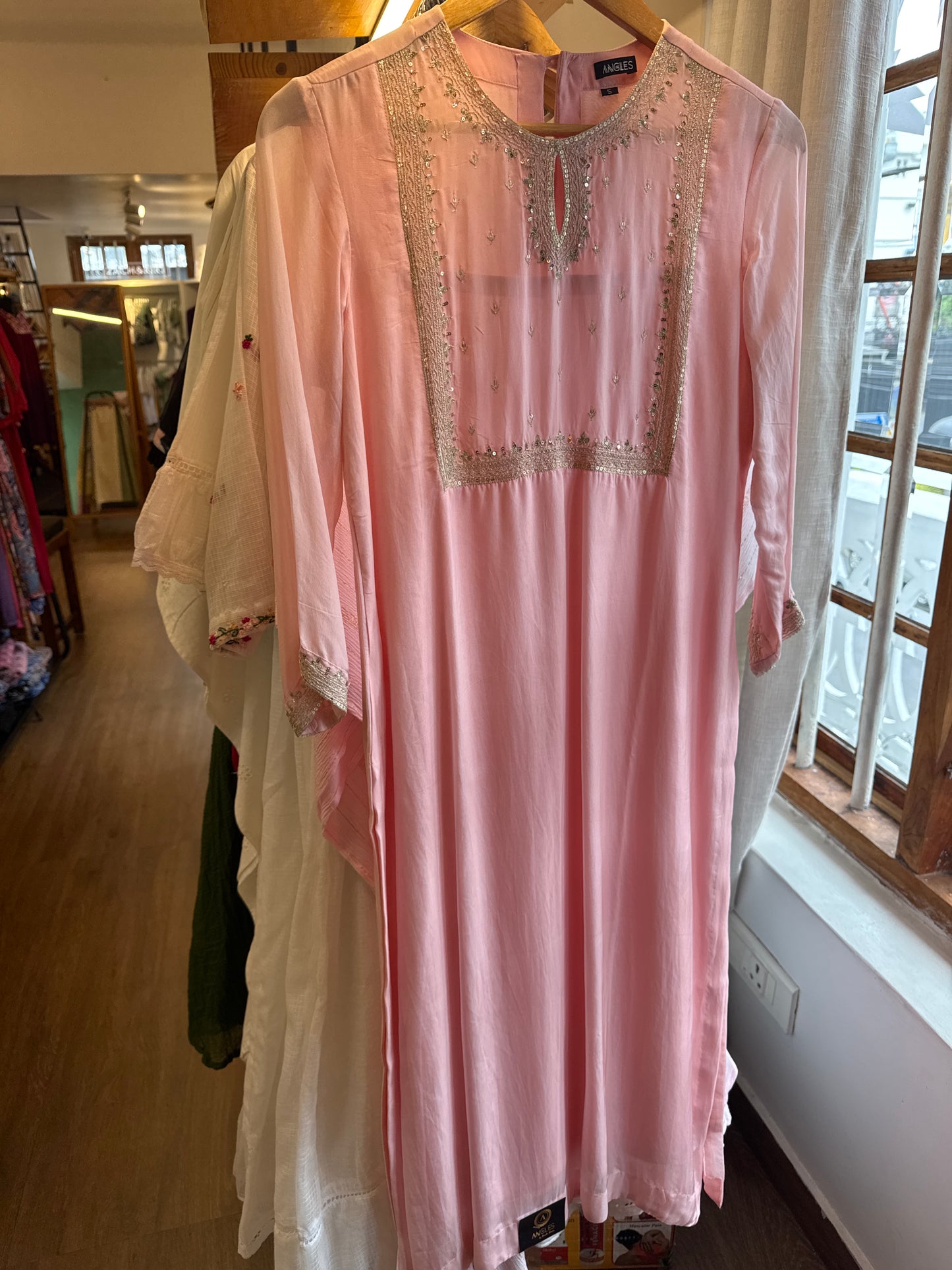 Pastel pink viscous organza kurta with antique gold embroidered yoke ,key hole neck chest size 38