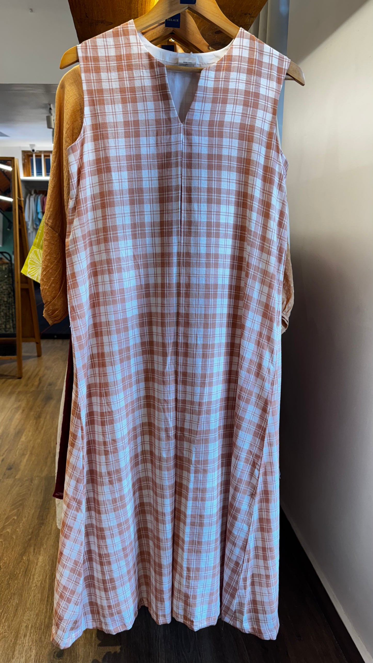 Beige and white check cotton Aline dress size- 40