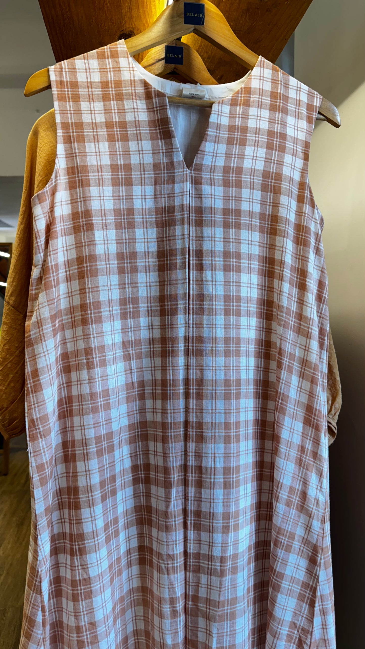 Beige and white check cotton Aline dress size- 40