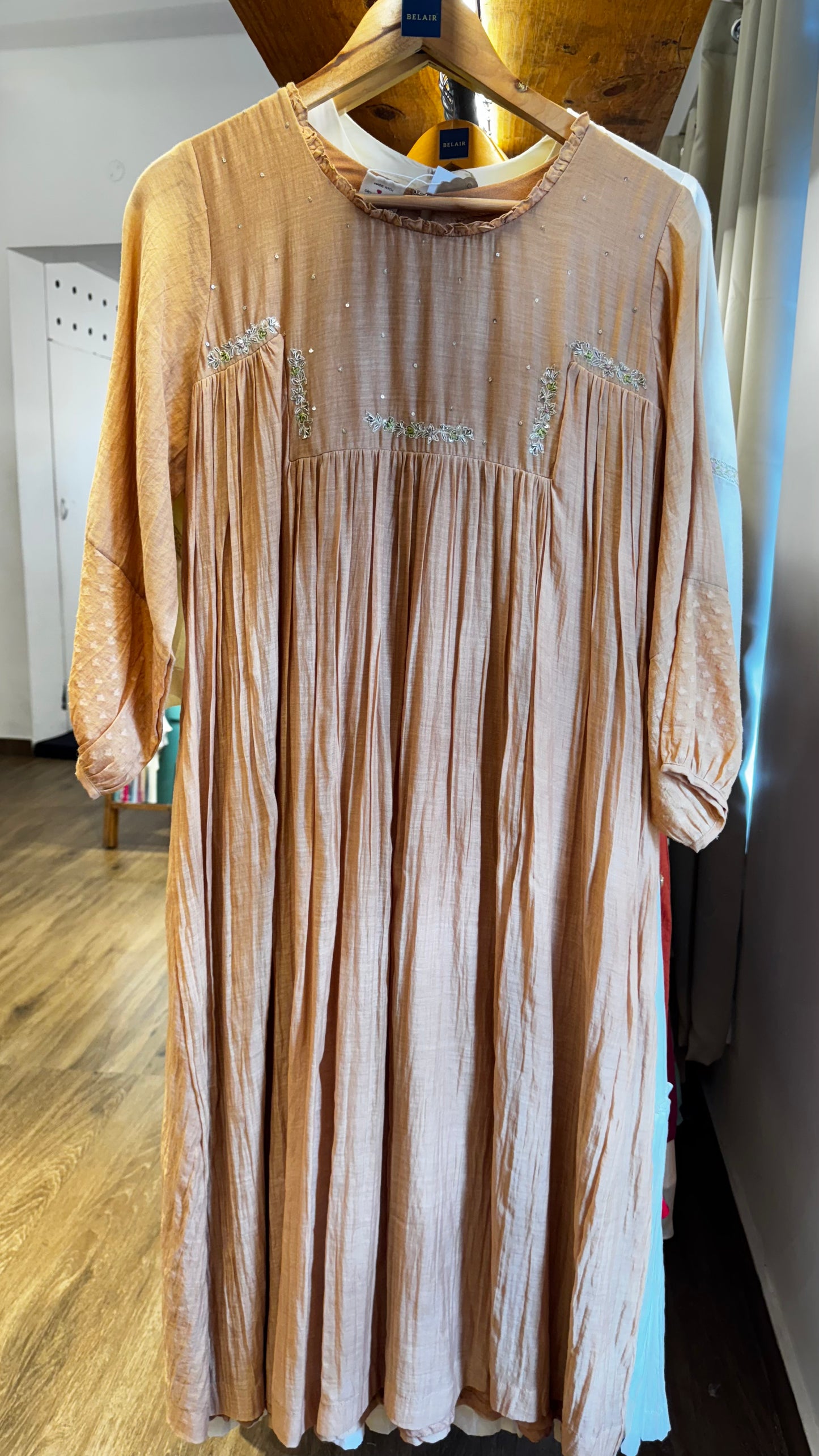 Dark beige chanderi dress with handwork on yoke size-40